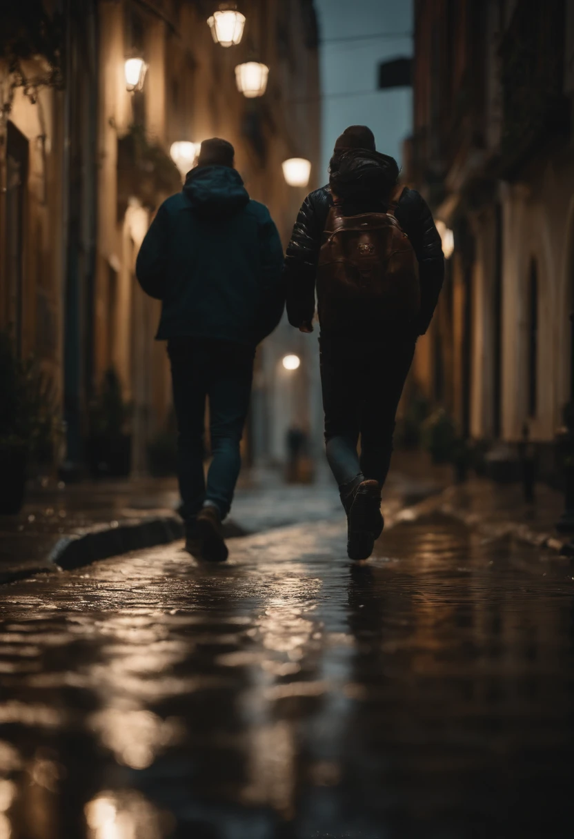 Um homem caminhando em um dia chuvoso, ray tracing, roupas pretas molhadas, dark dark lighting, alta qualidade, ultra-detalhado, Realistic, retratos escuros, HDR, cores intensas, ruas molhadas, reflections of lights in puddles, cinematic atmospheric.