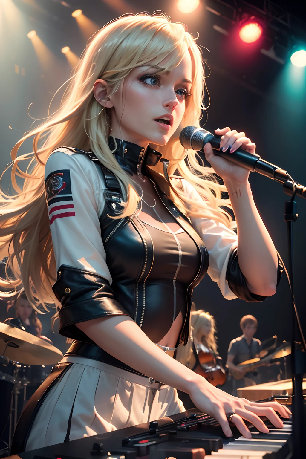 Metric, four person rock band, Emily Haines Vocals, James Shaw Guitar, Joshua Winstead Bass, Joules Scott-KeyDrums, best quality,ultra-detailed,realistic,photorealistic:1.37,highres,(HDR,UHD,studio lighting),(vivid colors:1.1),bokeh,(portraits:1.1),(musician:1.1),(band:1.1) ,(concert:1.1),(live performance),(rock stars),(energetic),female lead singer,beautiful detailed eyes,long blonde hair,dynamic stage presence,(keyboard:1.1), electric atmosphere,live music experience,emotional connection,musical synergy,stunning visual effects,exciting light show,thrilling performance,upbeat tempo,memorable melodies,catchy choruses,lyrical genius,passionate delivery,unforgettable showmanship,musical talent at its finest