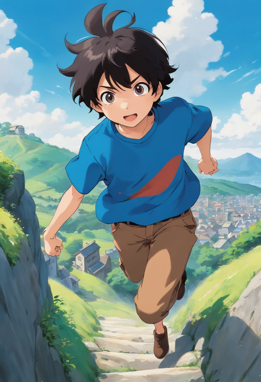 Messy black hair, indigo eyes, birthmark on his right arm with a blue t-shirt and brown pants, jumping off a hill.