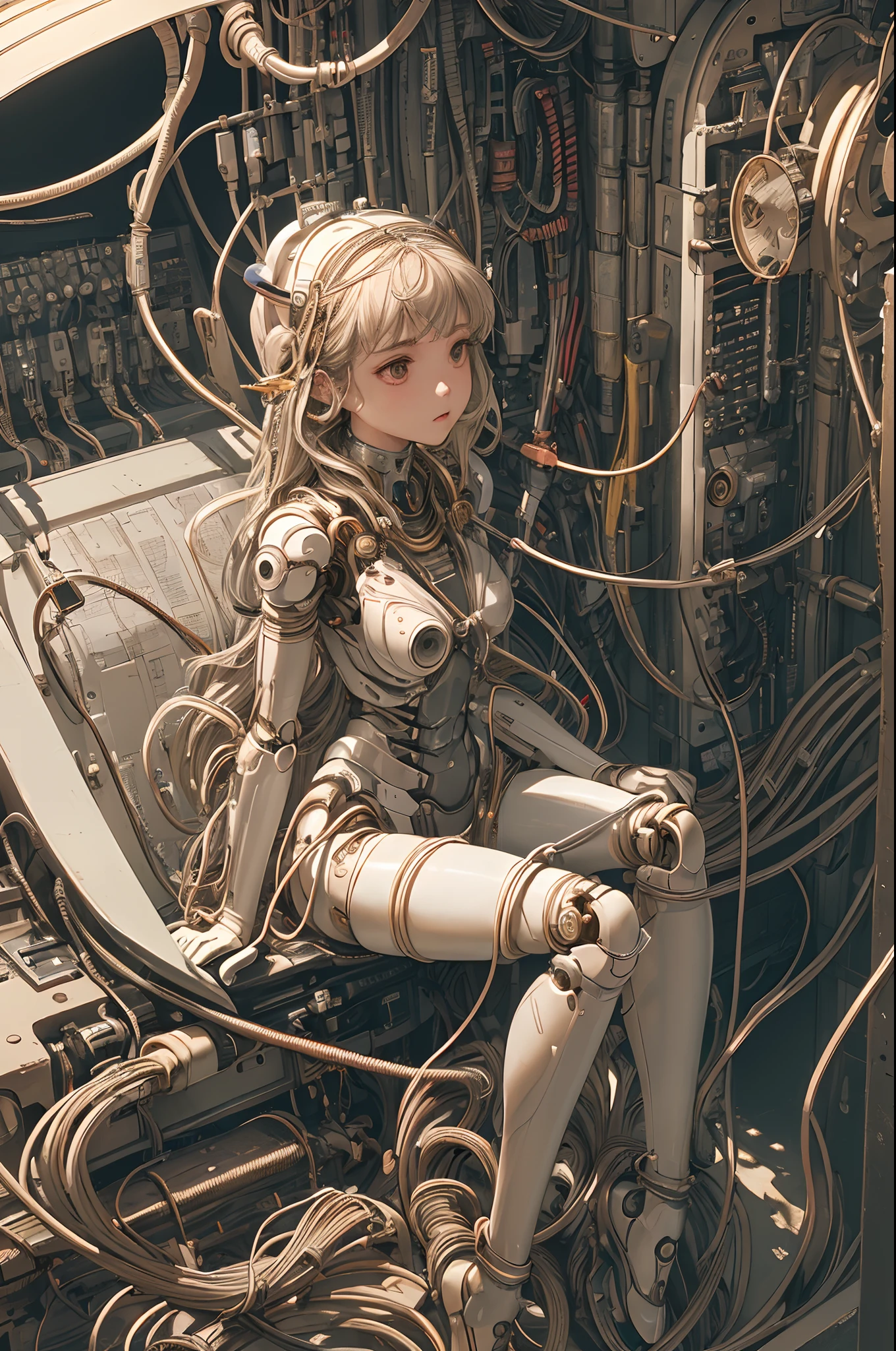 (((masterpiece))), (((best quality))), ((ultra-detailed)), (highly detailed CG illustration), ((an extremely delicate and beautiful)),(cute delicate face),cinematic light,((1mechanical girl)),solo,full body,(machine made joints:1.4),((machanical limbs)),(blood vessels connected to tubes),((mechanical vertebra attaching to back)),((mechanical cervial attaching to neck)),((sitting)),expressionless,(wires and cables attaching to head and body:1.5),(character focus),science fiction