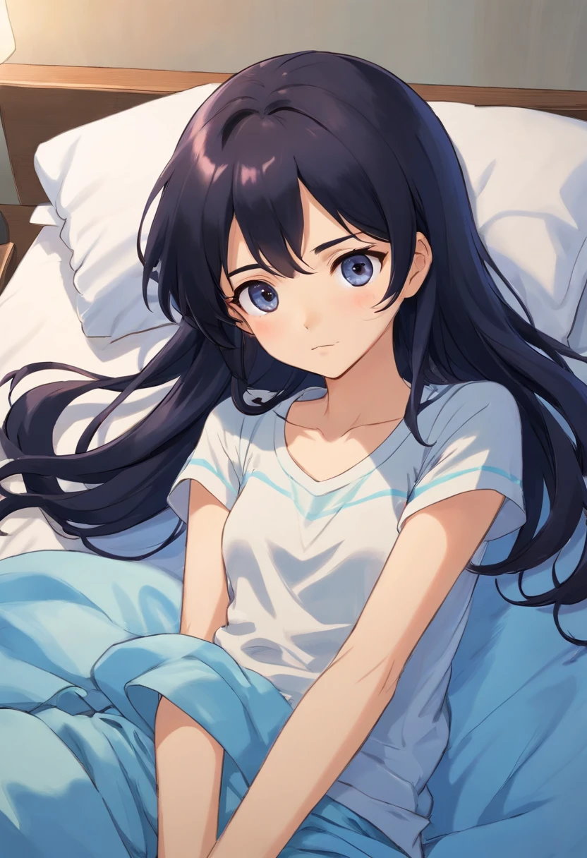 Messy black hair, Indigo eyes, There is a birthmark on the right arm,Blue T-shirt and brown pants, Lying on a hospital bed,and hold your head in your hands