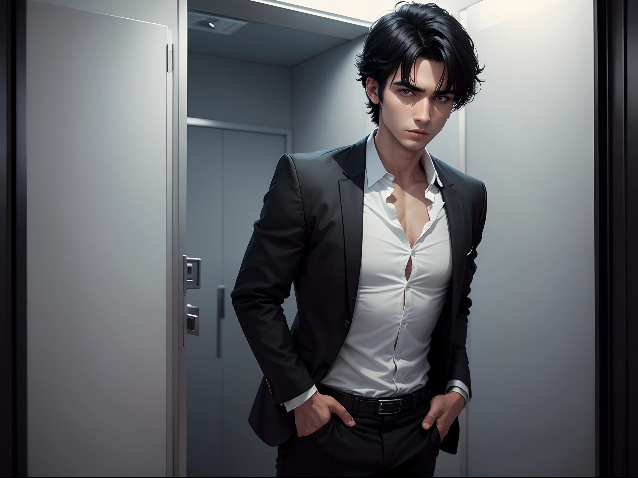 8K realistic solo image of a 25 year old man, short black hair, dressed in a black blazer and a white blouse underneath, alert expression standing inside a restroom booth, holding a pocket knife, night scene