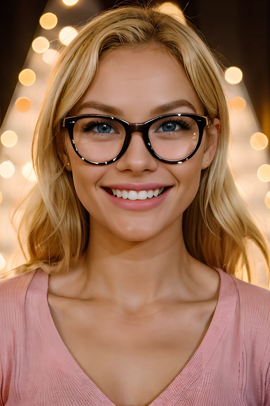 25 faces of blonde girls with dimples and glasses, (twenty-five faces in one shot), joyful and celebrating