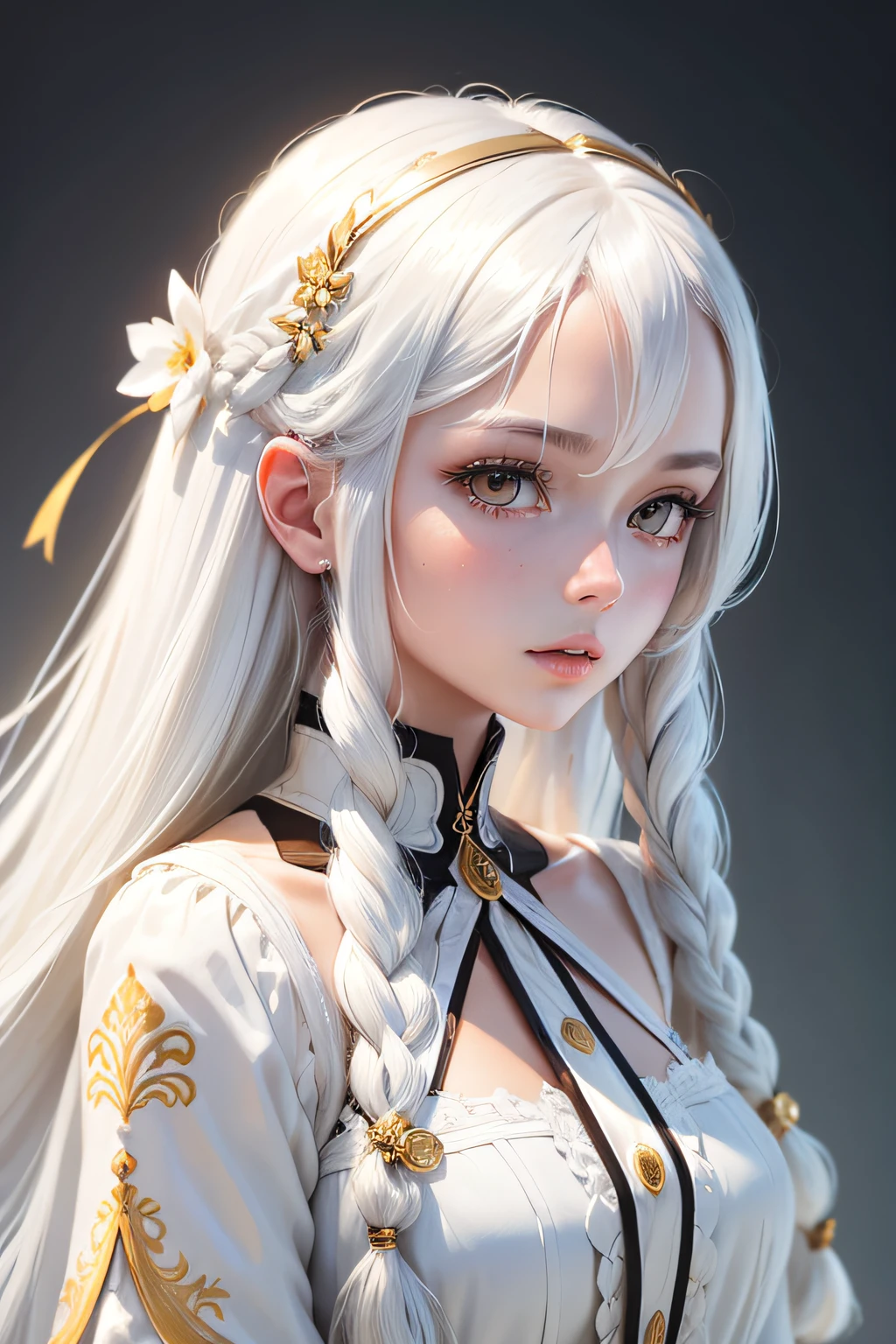 Best Quality, masutepiece,White hair, Gold eyes,White clothes, Looking Up, Upper body,Strands of hair,Fair skin,side braids