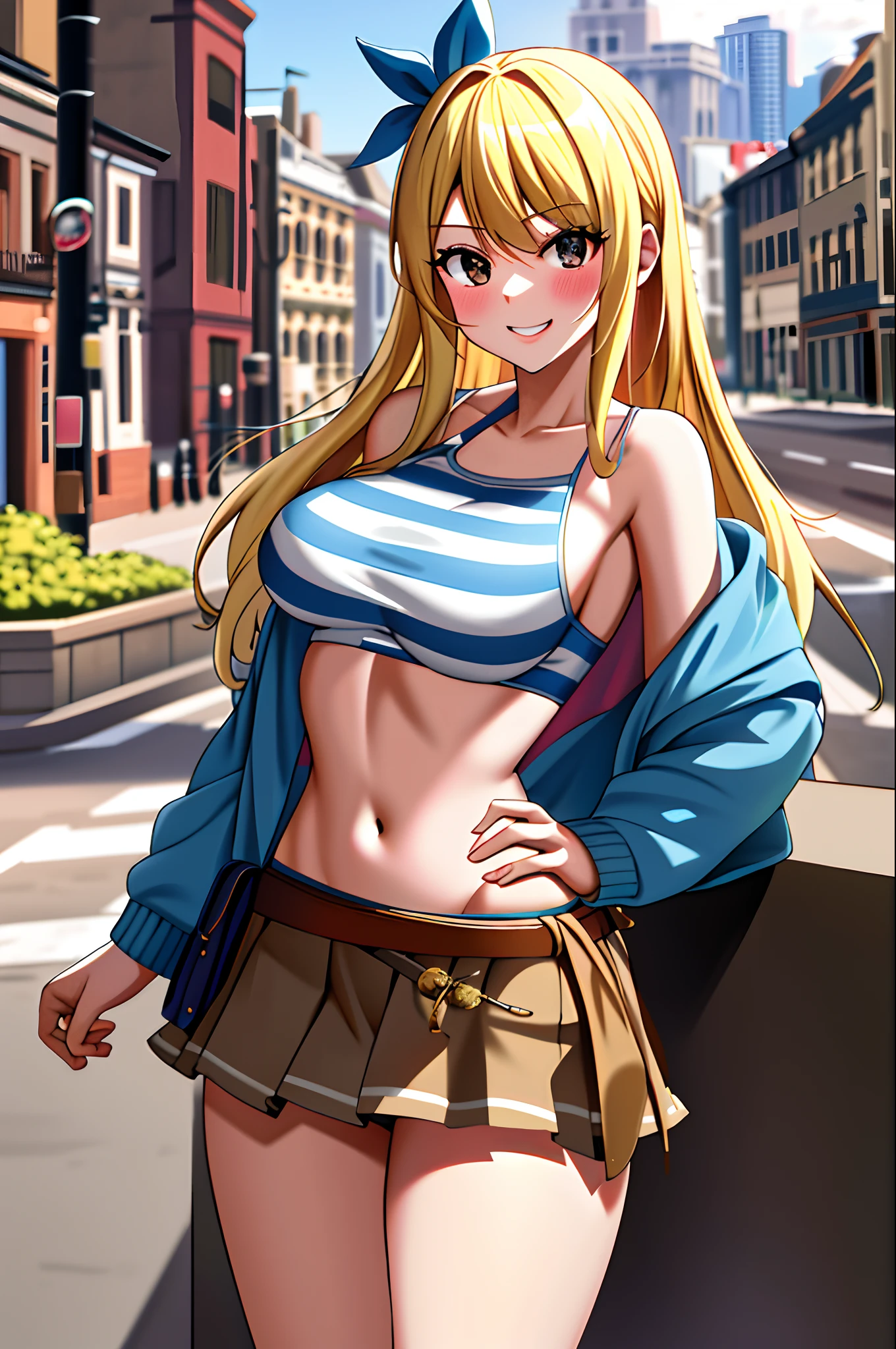 masterpiece, best quality, highres, lucy heartfilia, blonde hair, long hair, large breasts, jacket, crop top, bare shoulder, show stomach, belt, pleated skirt, cowboy shot, standing, looking at viewer, city road, outdoor, modern city road, blush, shy, smile, show teeth, stocking,