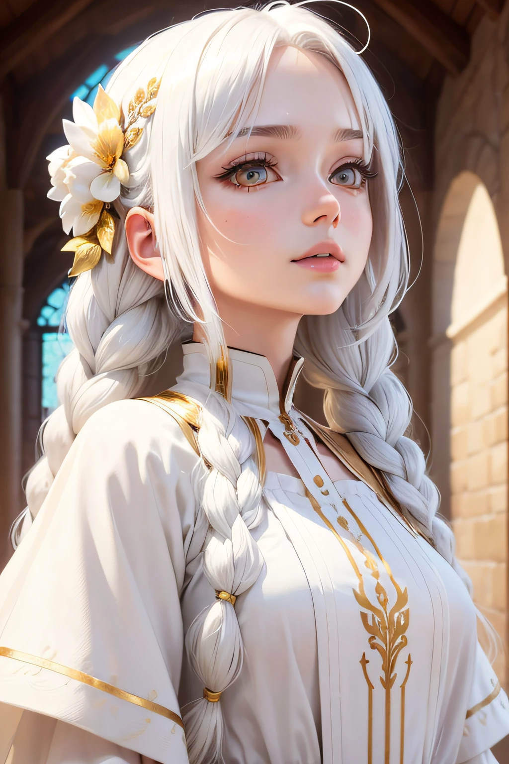 Best Quality, masutepiece,White hair, Gold eyes,White clothes, Looking Up, Upper body,Strands of hair,Fair skin,side braids