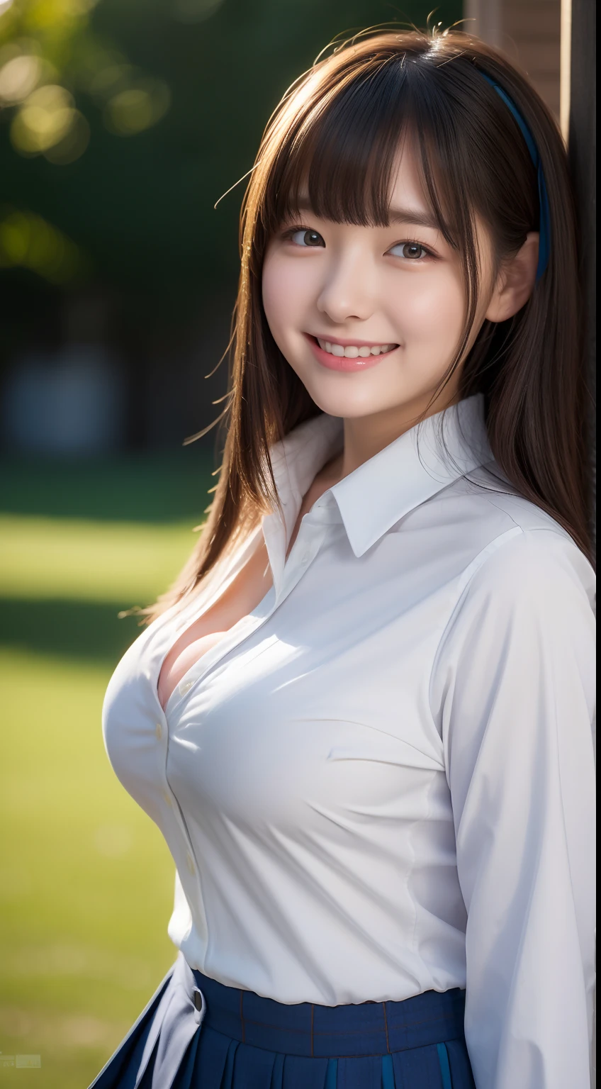 Enhanced dynamic perspective，Cute cute beautiful girl，JK school uniform，Look at me and smile，simple backgound，Works of masters，high quarity，4K resolution，super-fine，Detailed pubic hair，acurate，Cinematic lighting，Leaves the original facial proportions、(large full breasts)、((buttonGap))