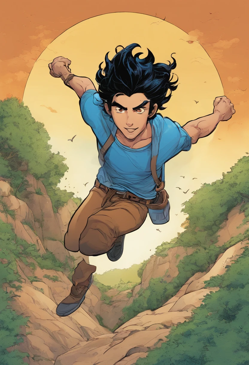 Messy black hair, indigo eyes, birthmark on his right arm with a blue t-shirt and brown pants, jumping off a hill.
