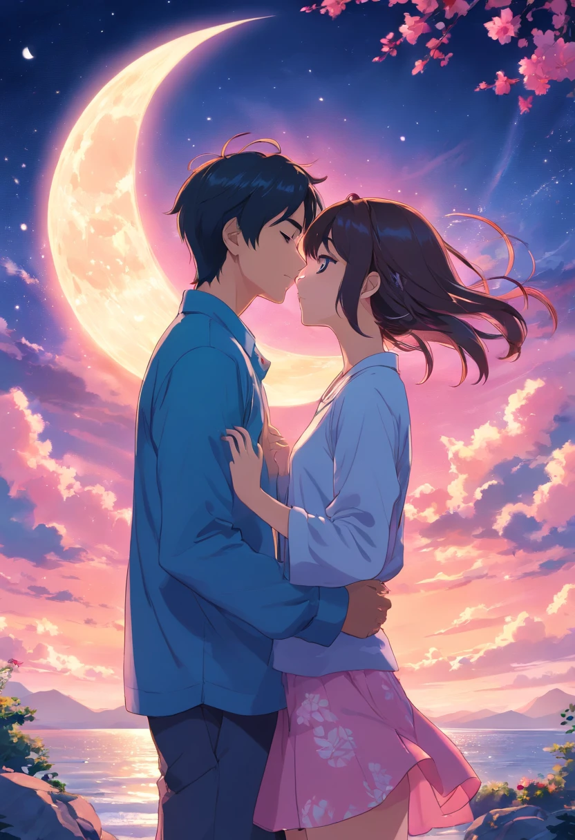 ,1 moon,Romantic couple kissing in the wind,anatomy correct, Delicate pattern,Oriental elements,Ink painting style, Clean colors,Pink rose space, Soft lighting, ( Bokeh),Masterpiece, Super detailed, Epic composition, Highest quality, 8K,