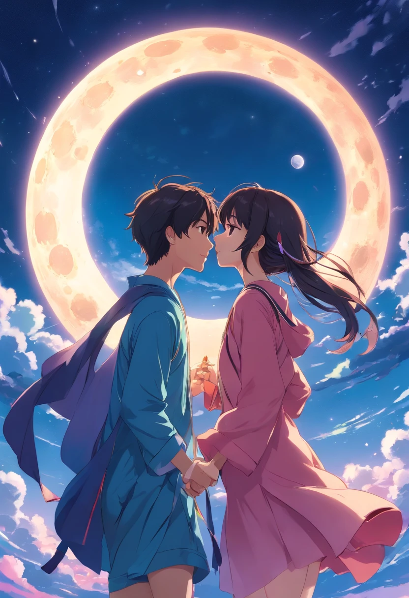 ,1 moon，Romantic couple kissing in the wind，anatomy correct, Delicate pattern，Oriental elements，Ink painting style, Clean colors,Pink rose space, Soft lighting, ( Bokeh)，Masterpiece, Super detailed, Epic composition, Highest quality, 8K，