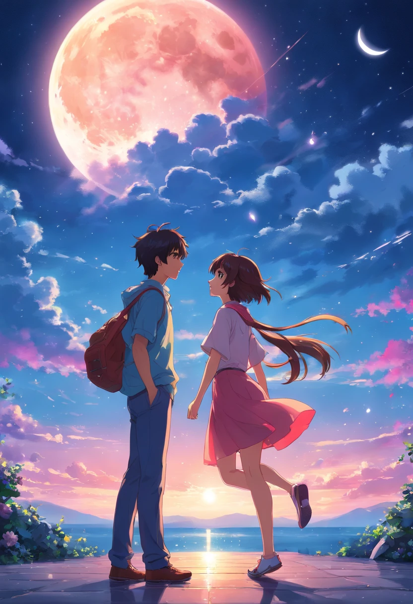 ,1 moon,Romantic couple kissing in the wind,anatomy correct, Delicate pattern,Oriental elements,Ink painting style, Clean colors,Pink rose space, Soft lighting, ( Bokeh),Masterpiece, Super detailed, Epic composition, Highest quality, 8K,