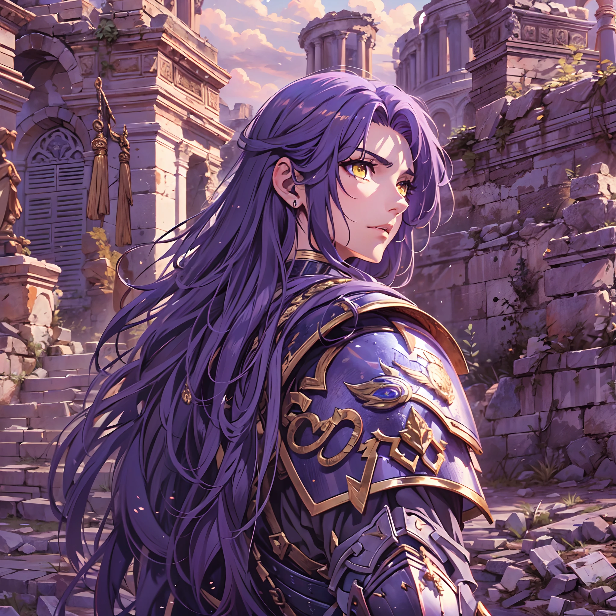 Ultra High Definition,
Ultra High Quality,
Hyper Definition,
Hyper Quality,
Hyper Detailed,
Extremely Detailed,
Perfectly Detailed,
Masterpiece,
8k,
1 Boy,
Anime,
Long Purple Hair,
Under Cut Hairstyle,
Solid Yellow Eyes,
Handsome,
Armored With Roman Emperor Armor,
Ancient Roman Empire Ruins Background,