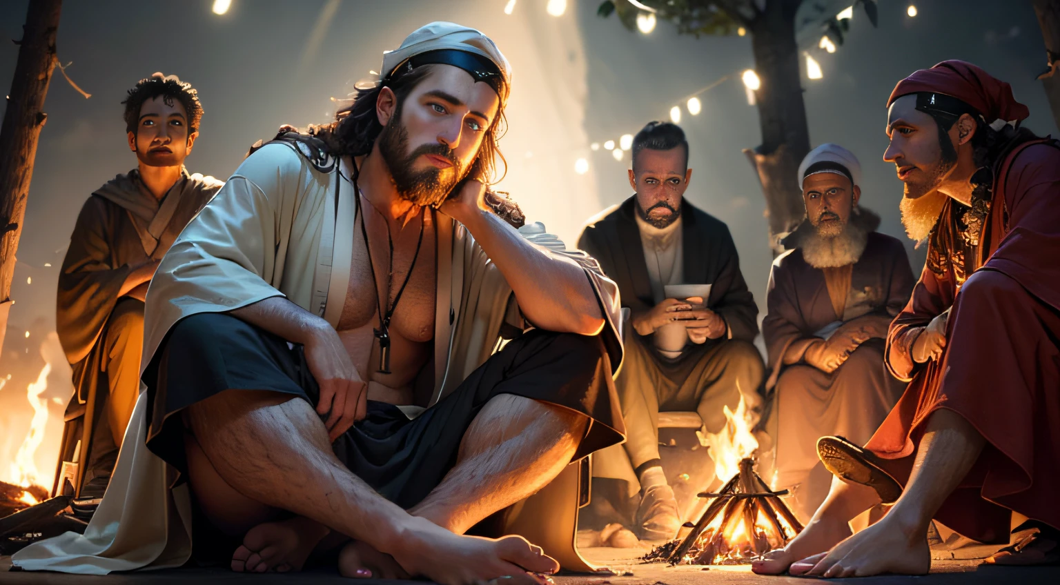 Close-up portrait of a man in Jewish robes standing at a campsite, near a bonfire at a party, talking while sitting with people listening to the sermon
, with a look of fear, Lens flare, Sandals, Headband 8K High Definition