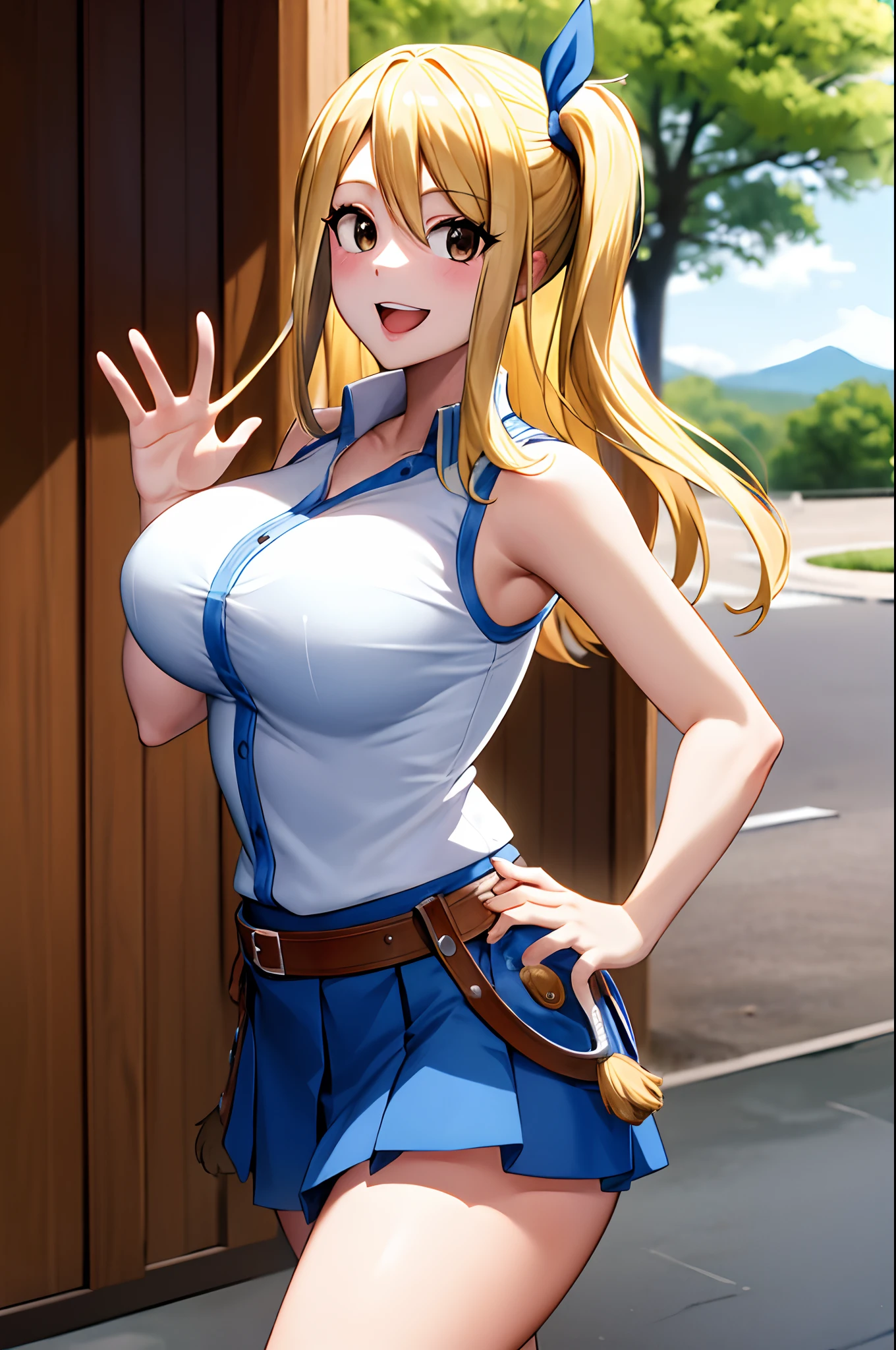 masterpiece, best quality, highres, lucy heartfilia, blonde hair, long hair, large breasts, white shirt, sleeveless, belt, blue skirt, cowboy shot, standing, looking at viewer, outdoors, waving, smile, open mouth,