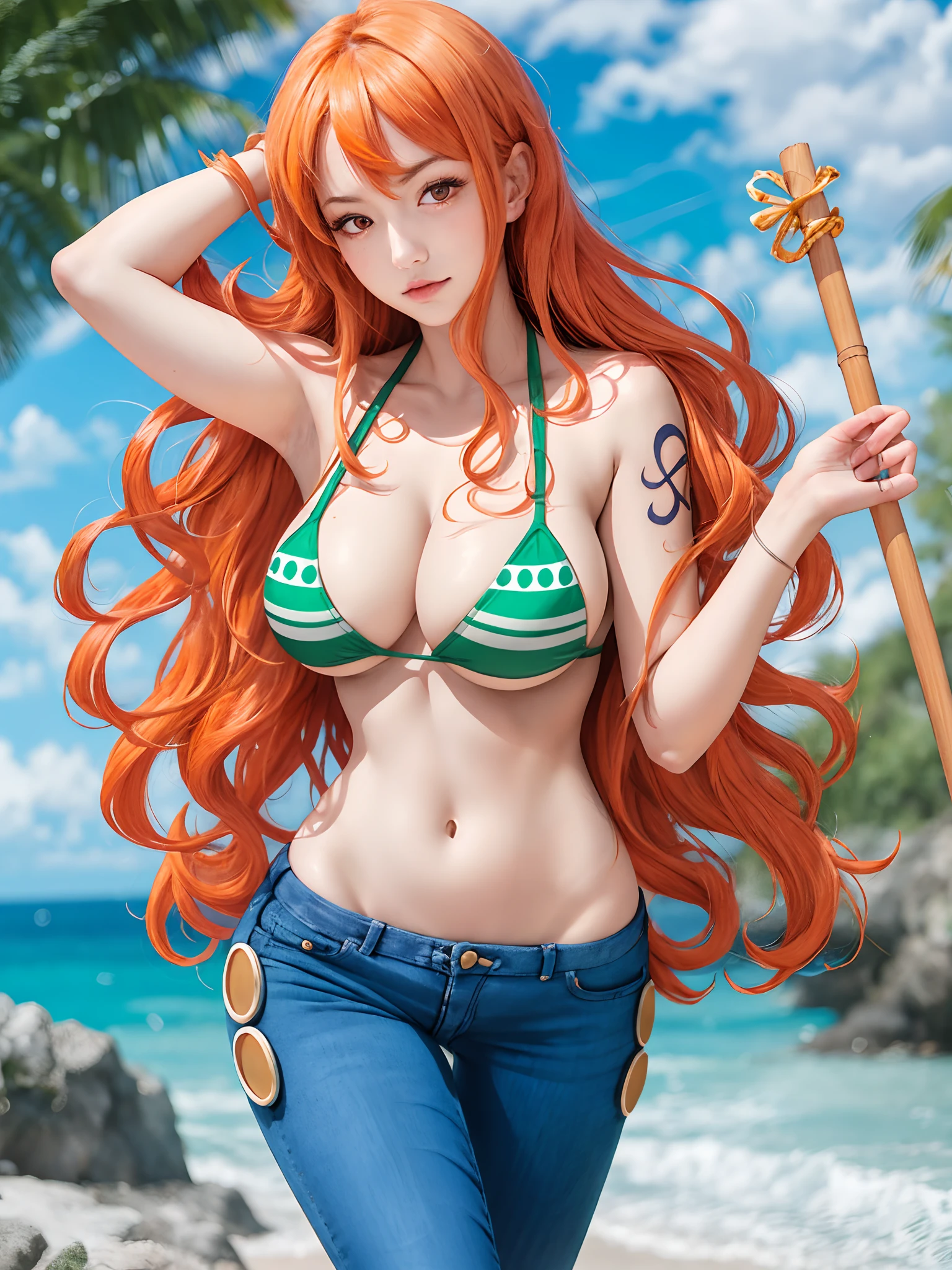 masutepiece,Best Quality,ultra-detailliert,ultra-detailliert,超A high resolution,Realistic,Photorealistic,8K,Beautiful,Best aesthetic,Girl with red hair and green bikini holding wooden stick, nami one piece, Nami of one piece, Nami, from one piece, she has long redorange hair, One piece, Seductive Girl