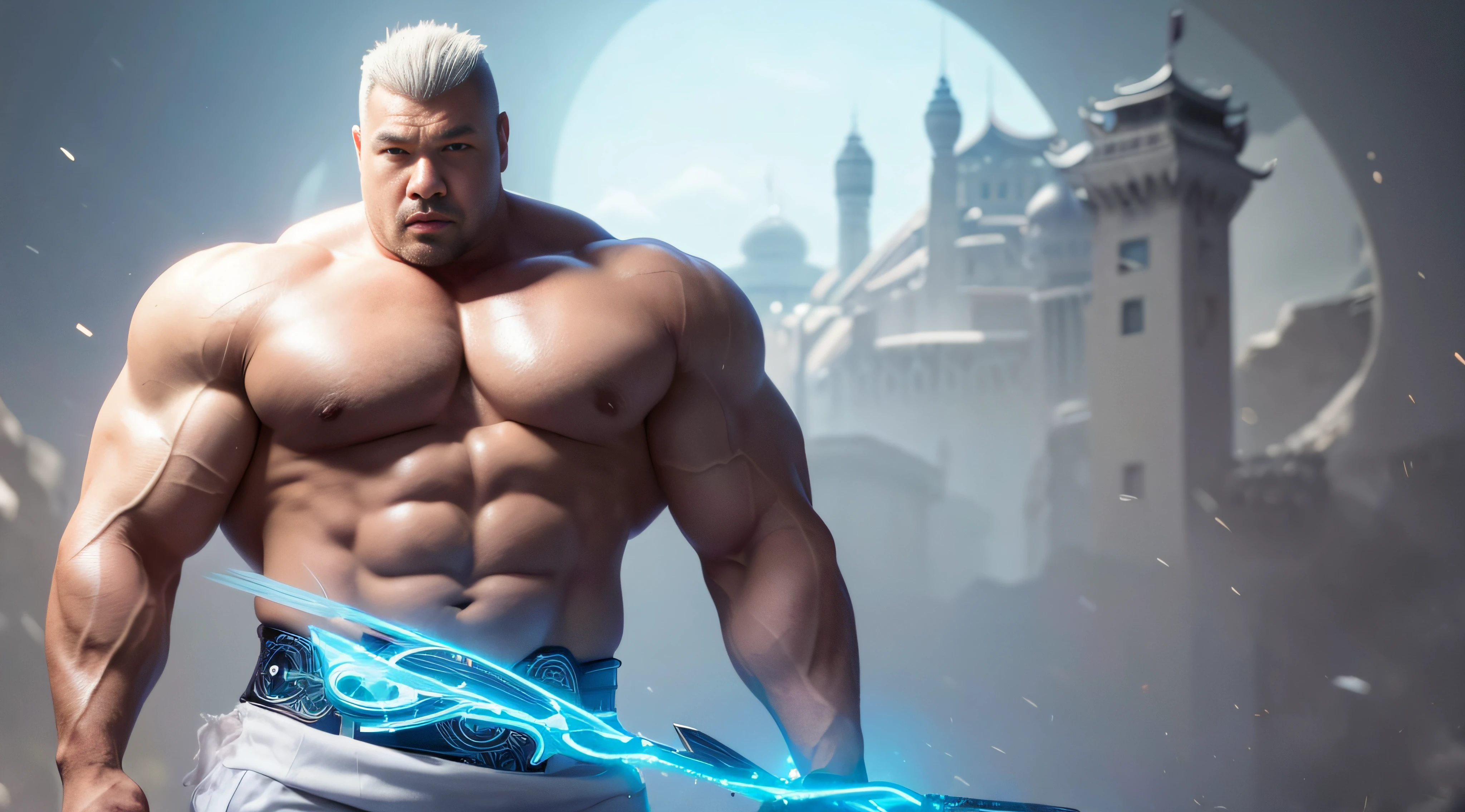 Elegant Chinese strong man, Strong physique, White robe, White Arabic pants, Light blue noble shirt, White boots, Messy light blue hair, A satisfied expression, Short hair, dark strong blue eye, Noble appearance, Armed with a silver spear, Ancient castle, medieval environment.short detailed hair，Short beard perfect figure with tattoos, Very huge and strong body, Bulging muscles, musculous, Very large pectoral muscles，Very sexy abs，The legs are muscular，Tall and mighty，Exposed Body，Tall and burly，toned figure，Huge genital bulging area，Brightens oily skin，Muscular。