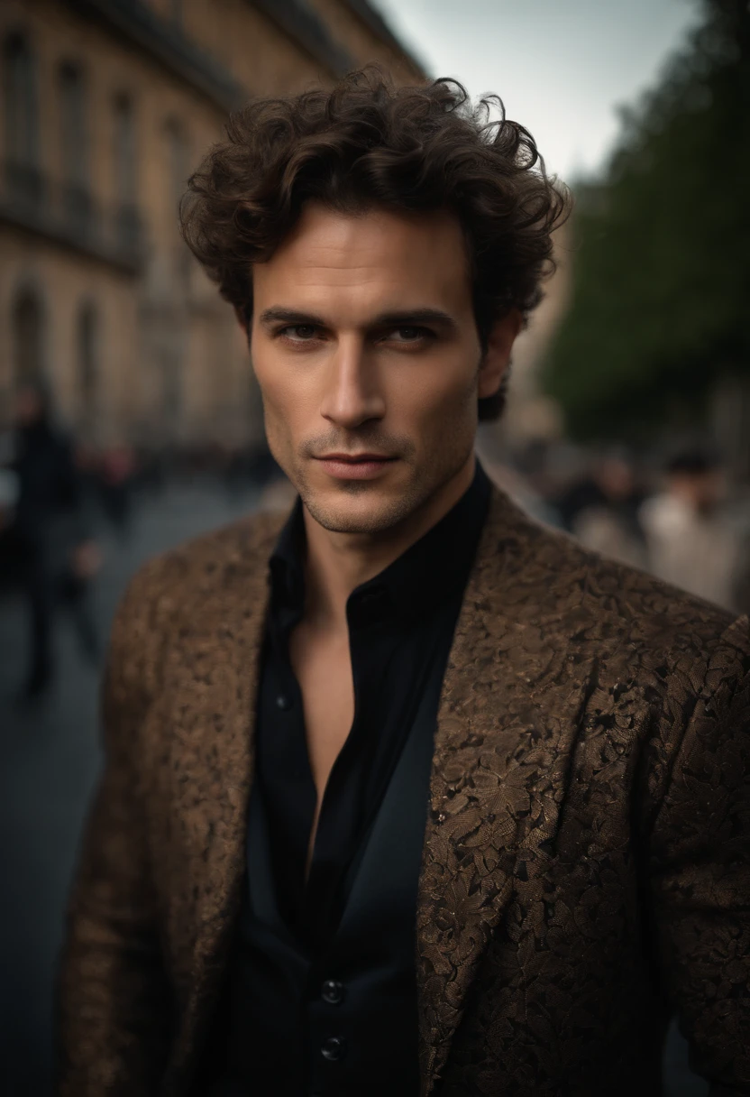corps entier, wide-angle photo close-up portrait of the body of a handsome man , Grand et en forme, (40 ans:1.1), (shaven:1.2) , (curly short brown hair:1.2),(Cheveux courts:1.3). Dark brown tight velvet suit, (La veste a des motifs de fleurs noires:1.2). (posing outside the mansion with a luxury car:1.1), crowded street with cafes in the distance, Cold and dark sunset at dusk, (Edge Light:1.1),(Concentrez-vous sur les yeux), (angry look), (hard light on the skin:1.2), (ombres dures, dark themed, Contraste profond:1.1), (photographie de portrait par Annie Liebovitz), Dark mint theme and choral aesthetics, (skin imperfections)