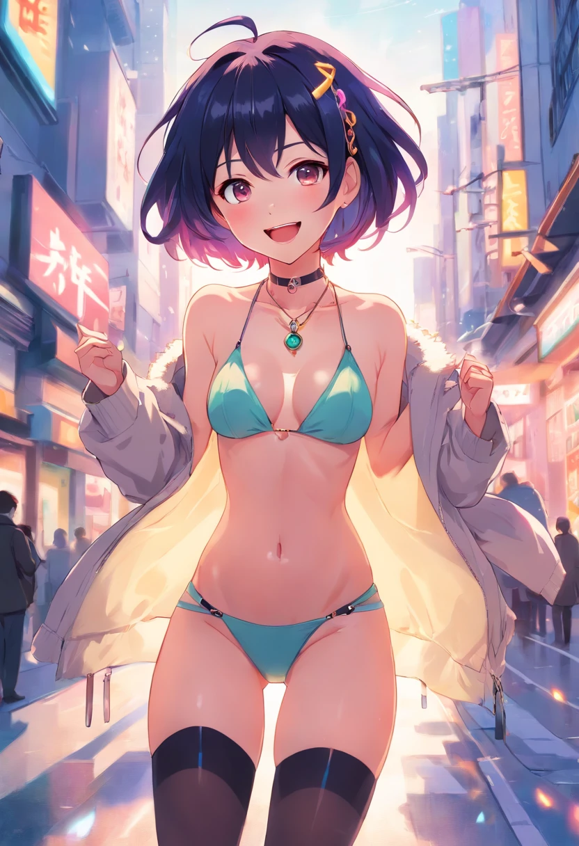 a close up of a woman with colorful hair and a necklace, anime girl with cosmic hair, rossdraws pastel vibrant, artwork in the style of guweiz, fantasy art style, colorful]”, vibrant fantasy style, rossdraws cartoon vibrant, cosmic and colorful, guweiz, colorfull digital fantasy art, stunning art style, beautiful anime style, exhibitionism,  navel, , public indecency, looking at viewer, 1girl, collarbone, flashing, , naked coat, outdoors, open coat, thighhighs, public nudity, open mouth, coat, short hair, medium breasts, black thighhighs, open clothes, black hair, solo, smile, , blush, sanpaku,