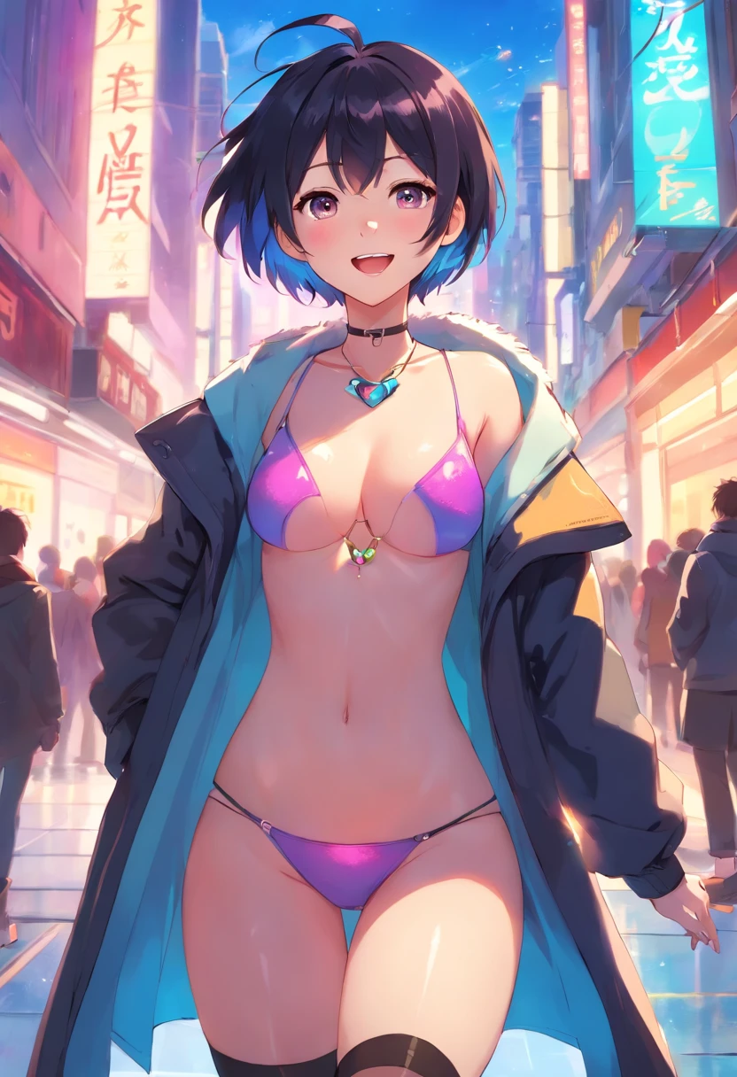 a close up of a woman with colorful hair and a necklace, anime girl with cosmic hair, rossdraws pastel vibrant, artwork in the style of guweiz, fantasy art style, colorful]”, vibrant fantasy style, rossdraws cartoon vibrant, cosmic and colorful, guweiz, colorfull digital fantasy art, stunning art style, beautiful anime style, exhibitionism,  navel, , public indecency, looking at viewer, 1girl, collarbone, flashing, , naked coat, outdoors, open coat, thighhighs, public nudity, open mouth, coat, short hair, medium breasts, black thighhighs, open clothes, black hair, solo, smile, , blush, sanpaku,