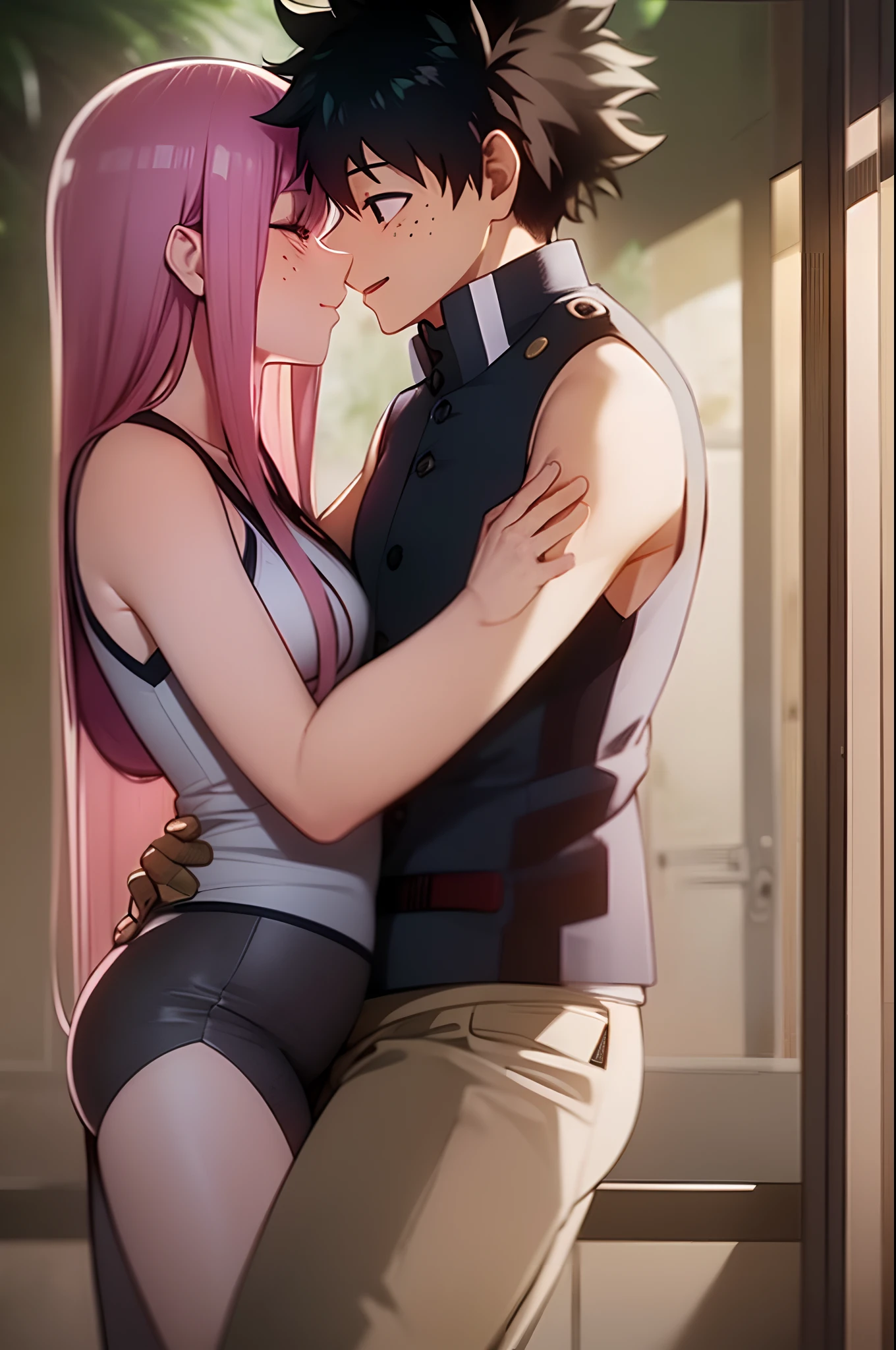 zero two, 1girl, zero two naked_shirt,vest_print:, izuku from bnha, izuku and zero two being a lovey dovey couple very affective in a beach, izuku with pants and pullover, love , happy, ,1girl,, ,sitting, standing, french kiss, kissing, 1boy, couple, husband and wife, happy, romantic kiss, passionated kiss, hug, pregnan zero two