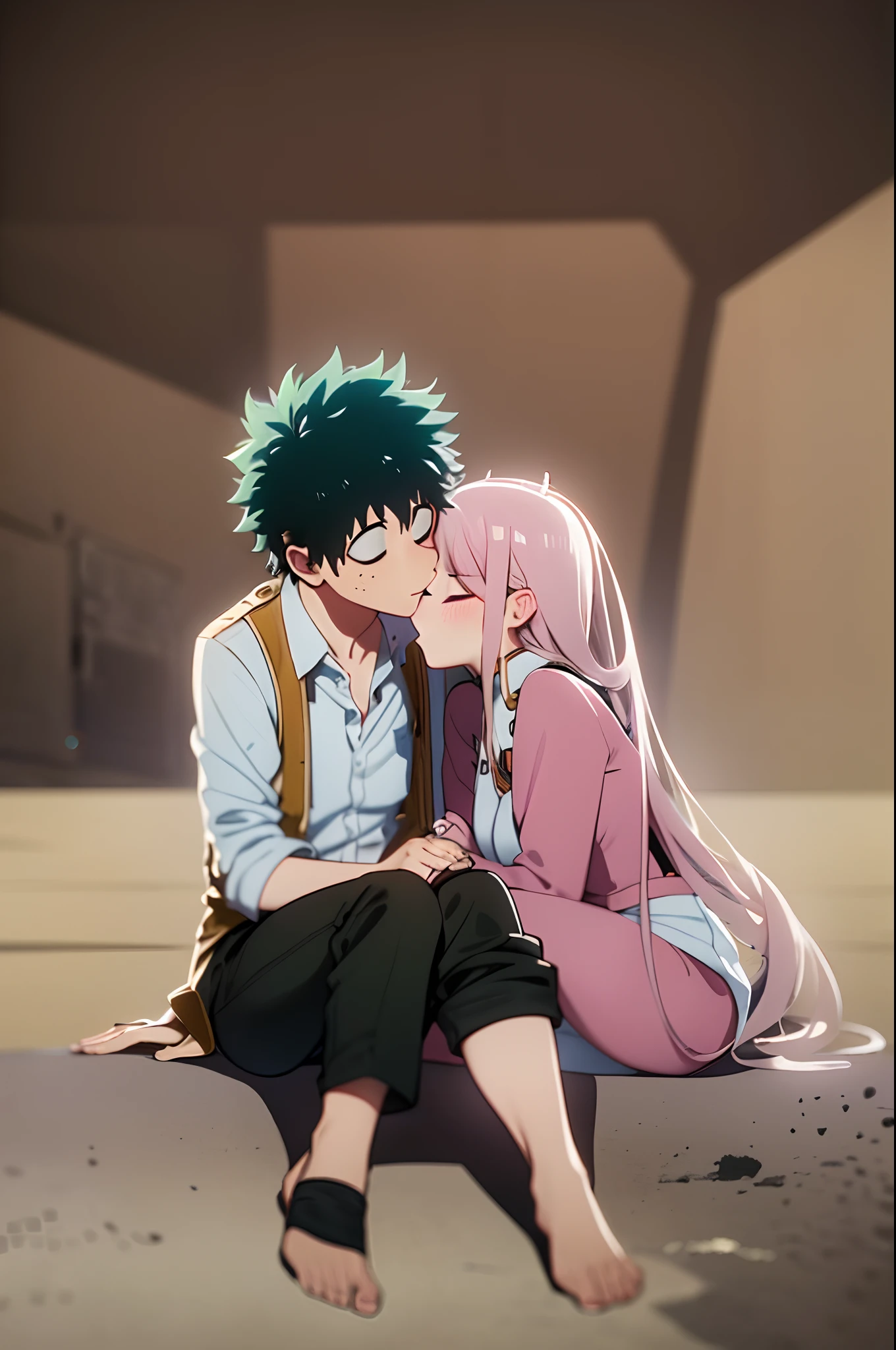 zero two, 1girl, zero two naked_shirt,vest_print:, izuku from bnha, izuku and zero two being a lovey dovey couple very affective in a beach, izuku with pants and pullover, love , happy, ,1girl,, ,sitting, standing, french kiss, kissing, 1boy, couple, husband and wife, happy, romantic kiss, passionated kiss, hug, pregnan zero two