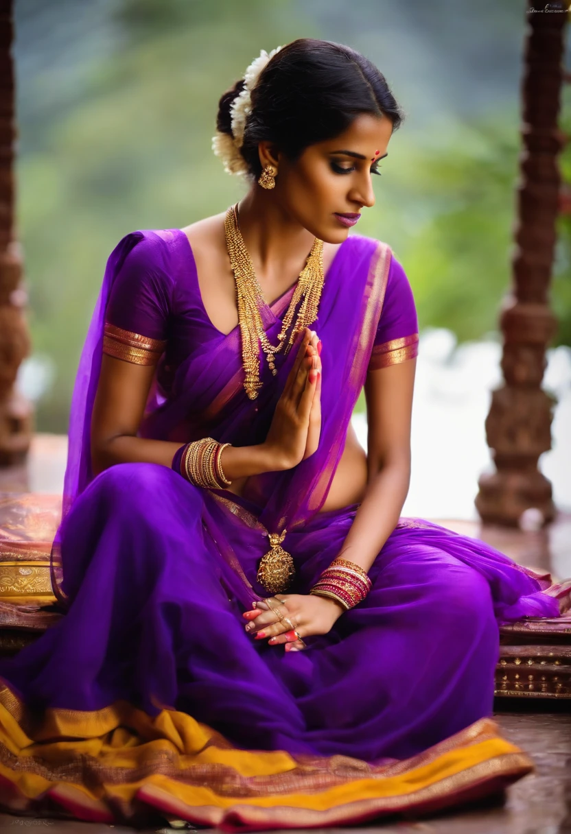 Poonam Pandey, wearing purple saree, capative looking, com roupas angelicais que cobrem todo o corpo, hands in prayer position, staring directly at camera