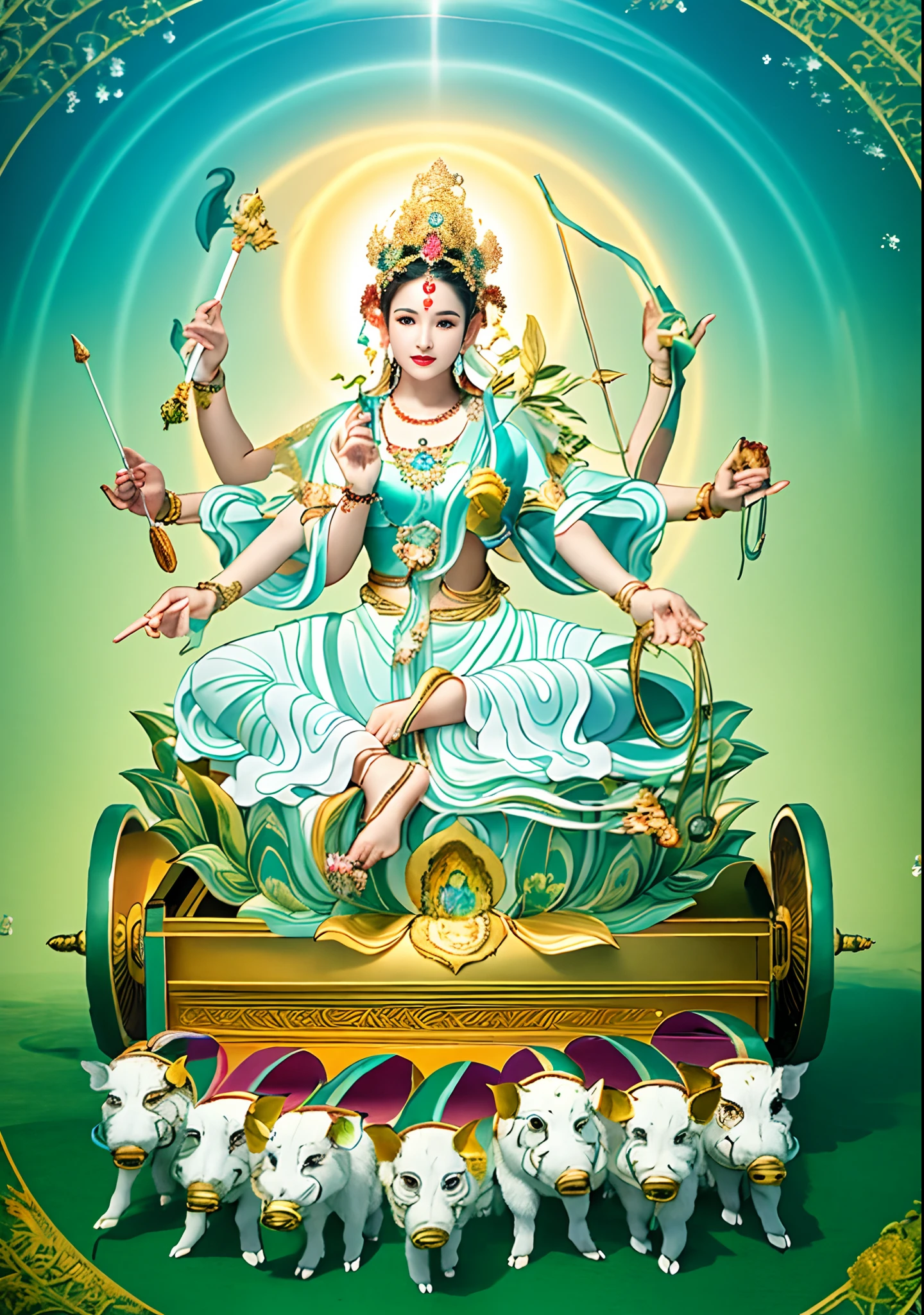 Beautiful woman sitting on a lotus in the car, Three-headed，In total, The arm has eight mudras，Barefoot on both feet，There are seven piglets pulling carts in front，goddess of love and peace, indian goddess of wealth, Heavenly Bodhisattva, full-colour illustration, goddess art, goddess of wisdom, an ancient Chinese goddess，photorealestic，professional photoshooting，Realiy，超高分辨率，tmasterpiece，