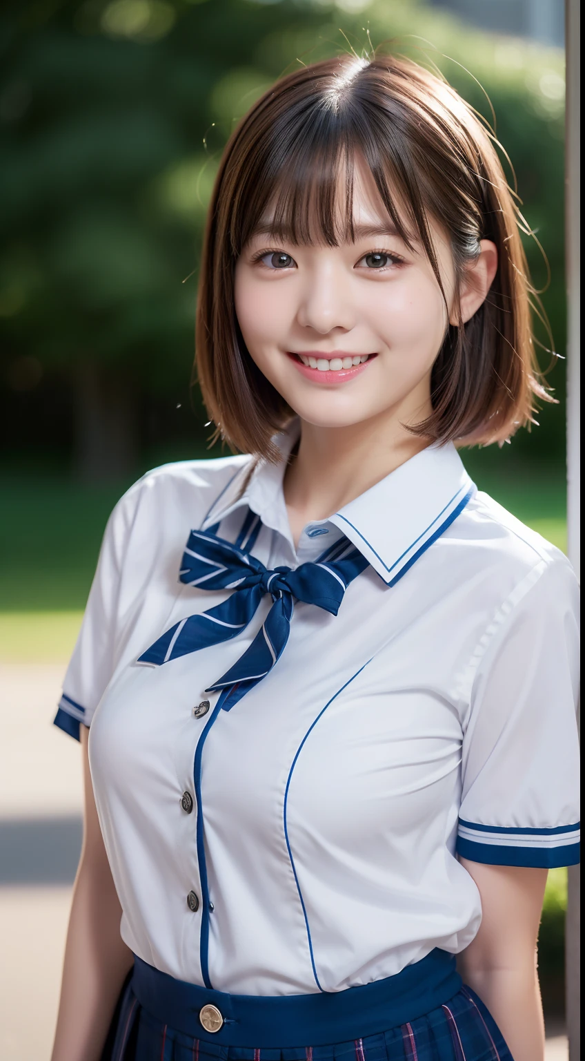 Enhanced dynamic perspective,Cute cute beautiful girl,JK school uniform,Look at me and smile,simple backgound,Works of masters,high quarity,4K resolution,super-fine,Detailed pubic hair,acurate,Cinematic lighting,Leaves the original facial proportions、(large full breasts)、((buttonGap))