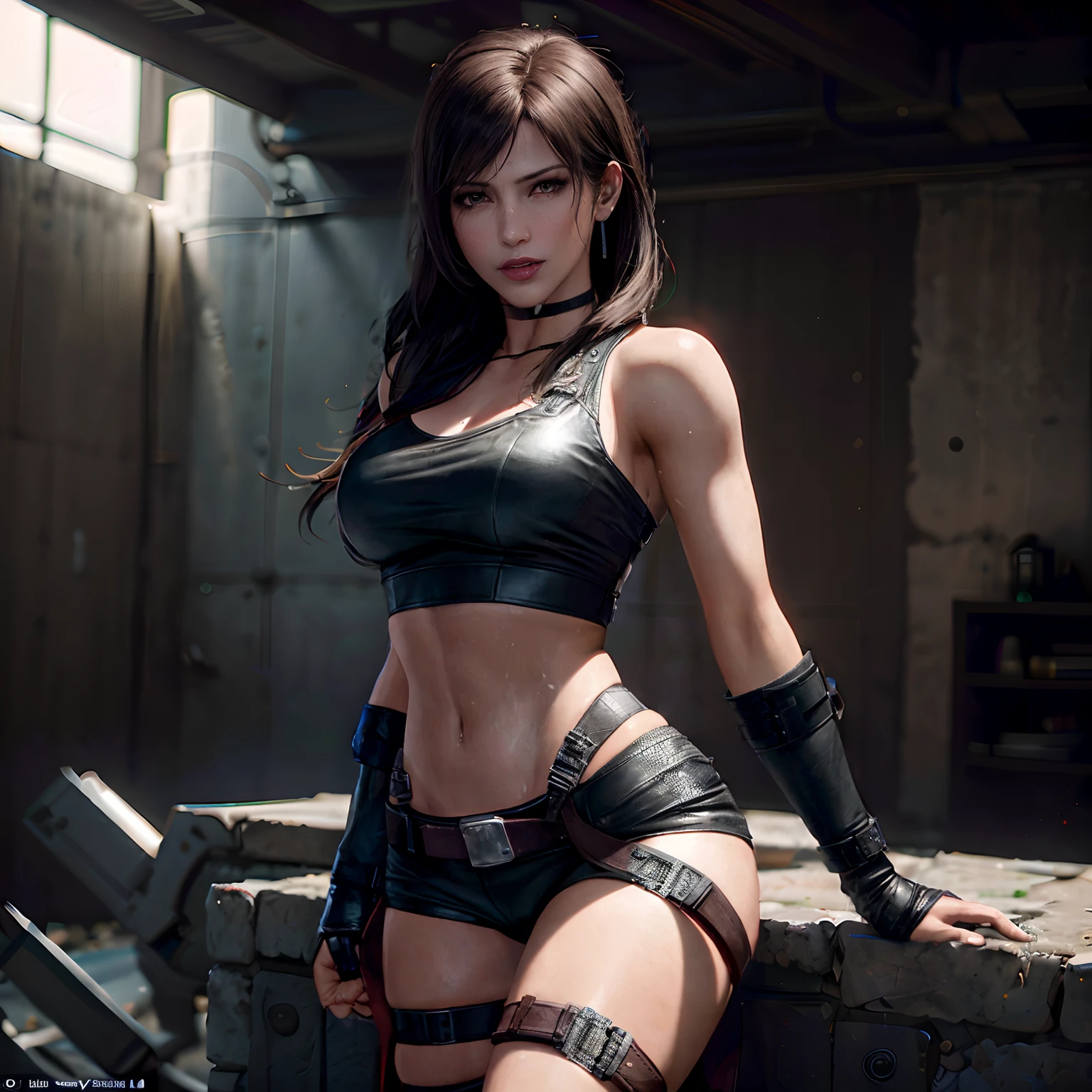 Women's clothes in leather clothes pose on the wall, Tifa Lockhart, alluring tipha lockhart portrait, Charming Tifa Lockheart, tifa lockheart, ff Tifa, quiet from metal gear solid, lara croft, quiet from metal gear solid v, tifa lockhart portrait, lara croft as spiderwoman, Tomb Raider is beautiful, muscular sweat lara croft