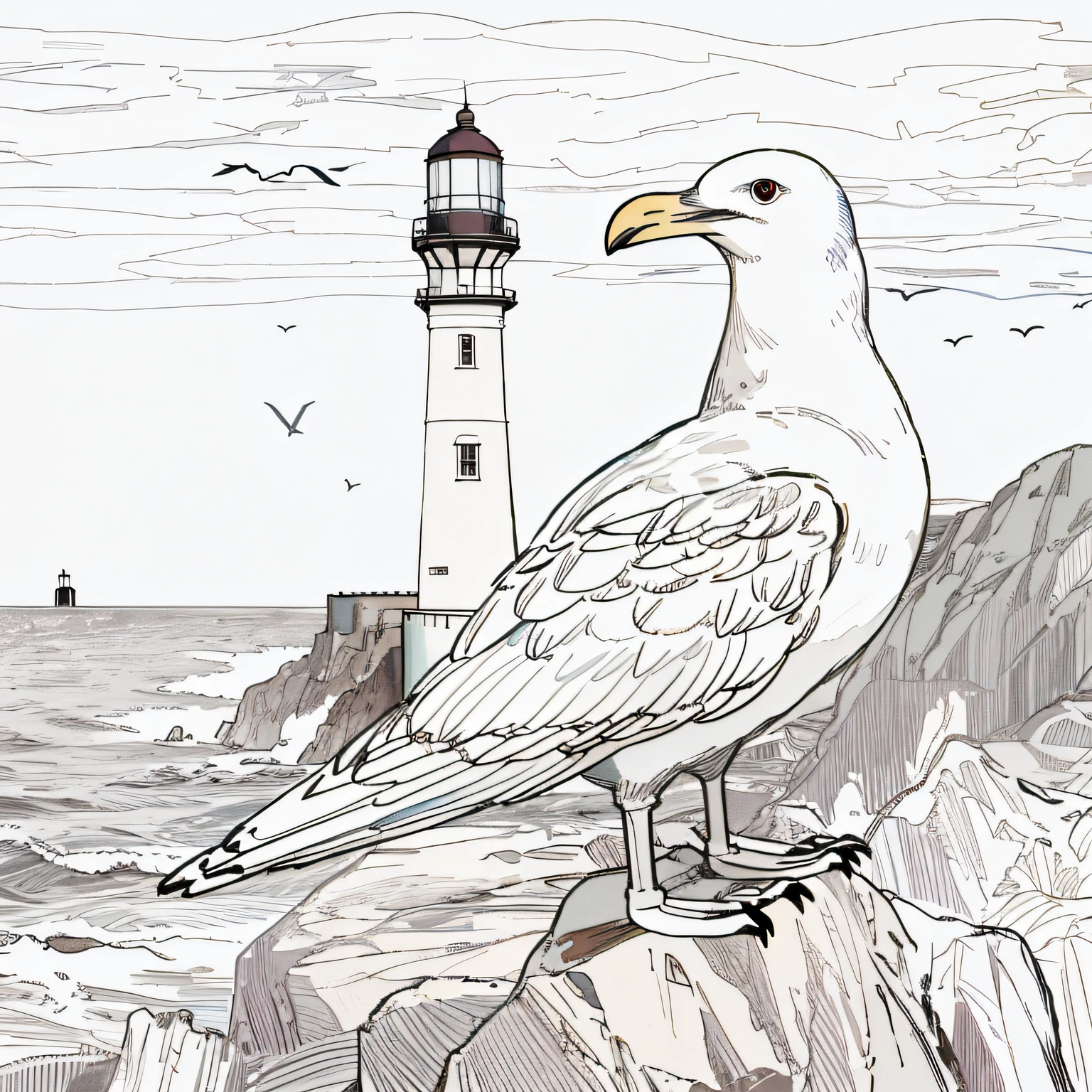 Seagulls stand on rocks by the sea,There is a lighthouse in the distance,