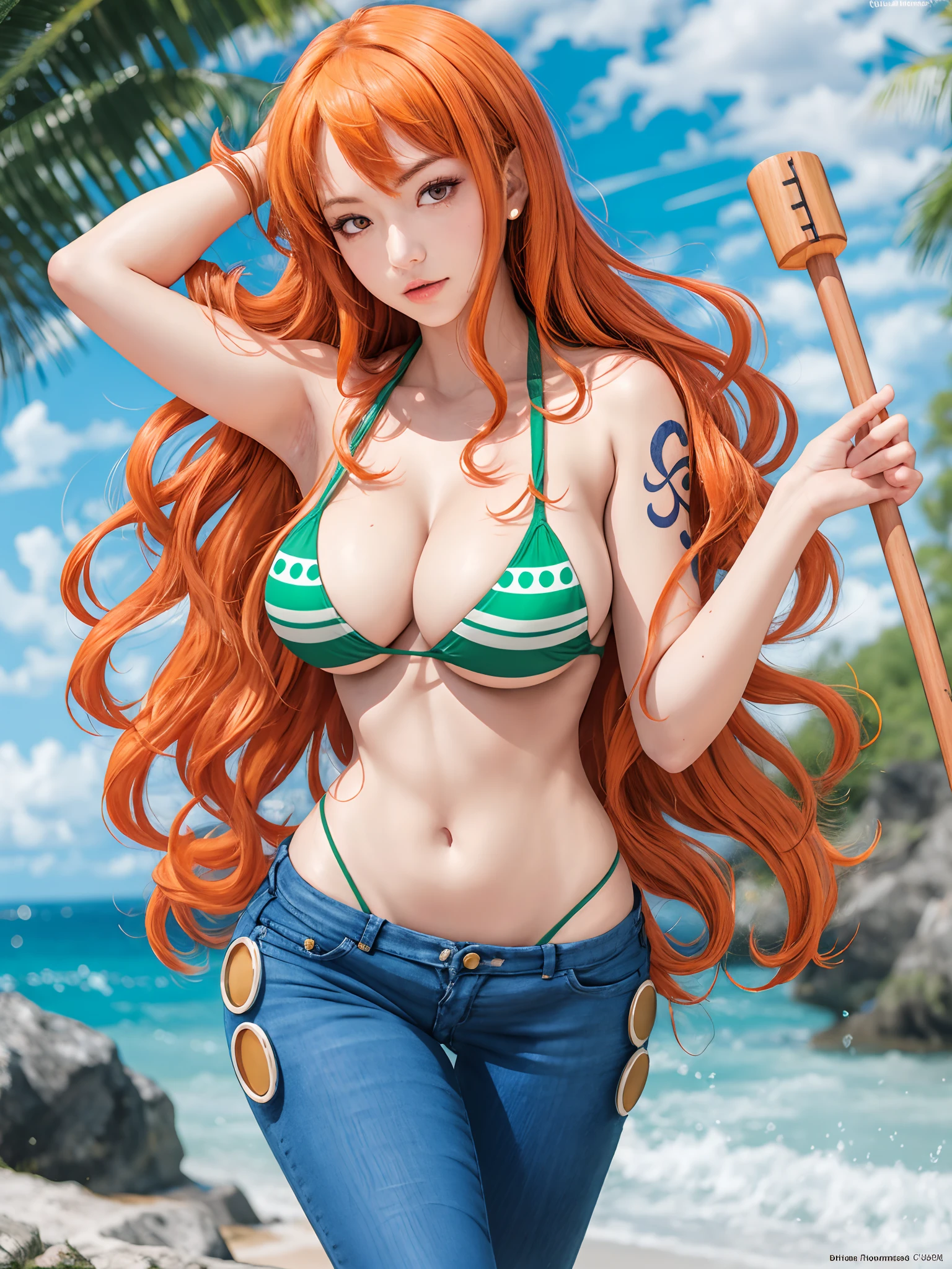 masutepiece,Best Quality,ultra-detailliert,ultra-detailliert,超A high resolution,Realistic,Photorealistic,8K,Beautiful,Best aesthetic,Girl with red hair and green bikini holding wooden stick, nami one piece, Nami of one piece, Nami, from one piece, she has long redorange hair, One piece, Seductive Girl