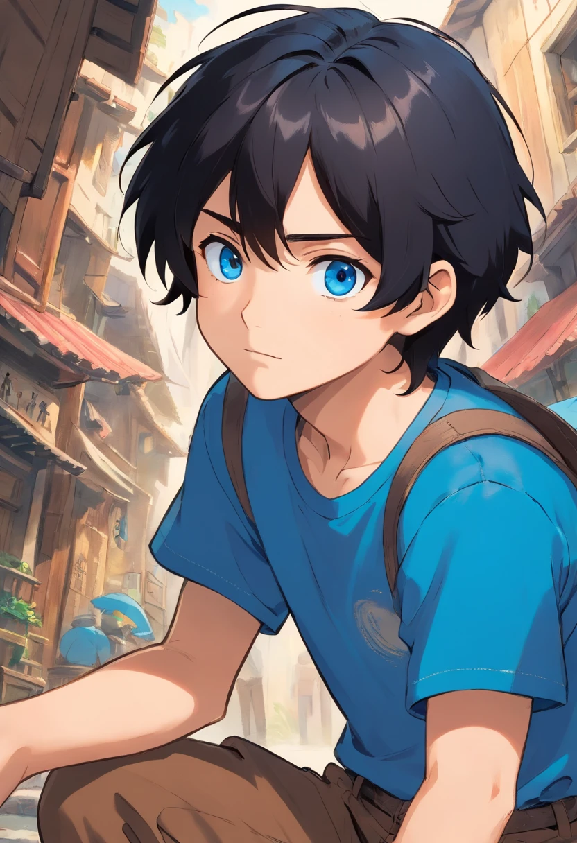 Messy black hair, blue eyes, , birthmark on his right arm with a blue t-shirt and brown pants, bumping into someone