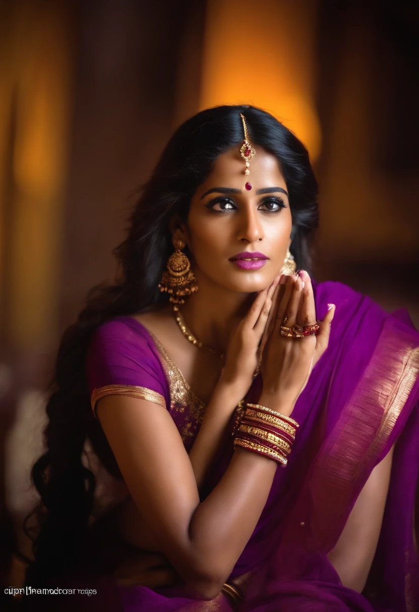Poonam Pandey, wearing purple saree, capative looking, hands in prayer position, staring directly at camera