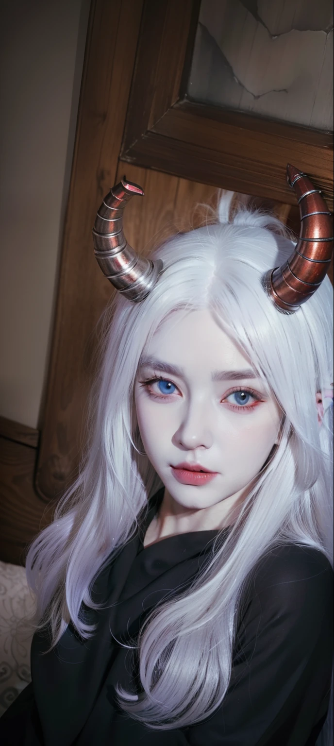 there is a woman with white hair and horns on her head, white horns queen demon, with horns, character close up, close up character, demon white horns, with very highly detailed face, demon girl, white horns from eyebrows, 3 d anime realistic, beautiful face, beautiful eyes