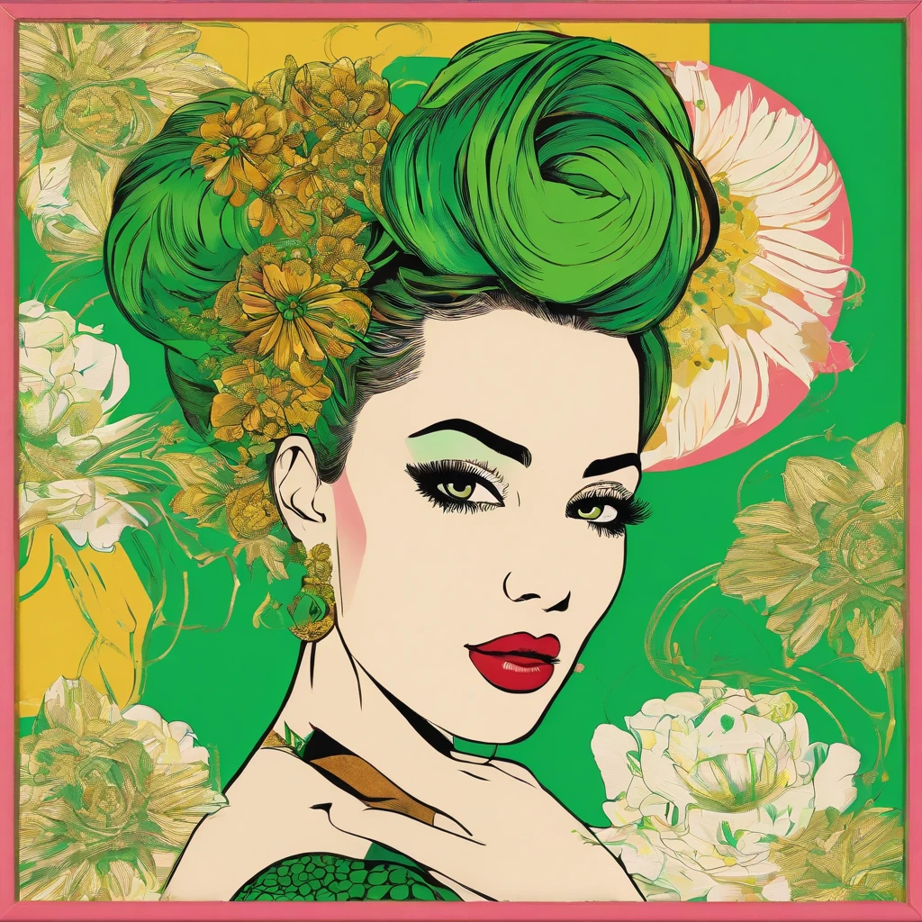 Gold and green embellish her hair, complete with a blossom in her bun, masterpiece, best quality
