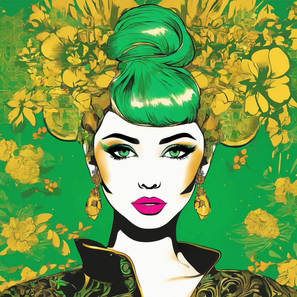 Gold and green embellish her hair, complete with a blossom in her bun, masterpiece, best quality
