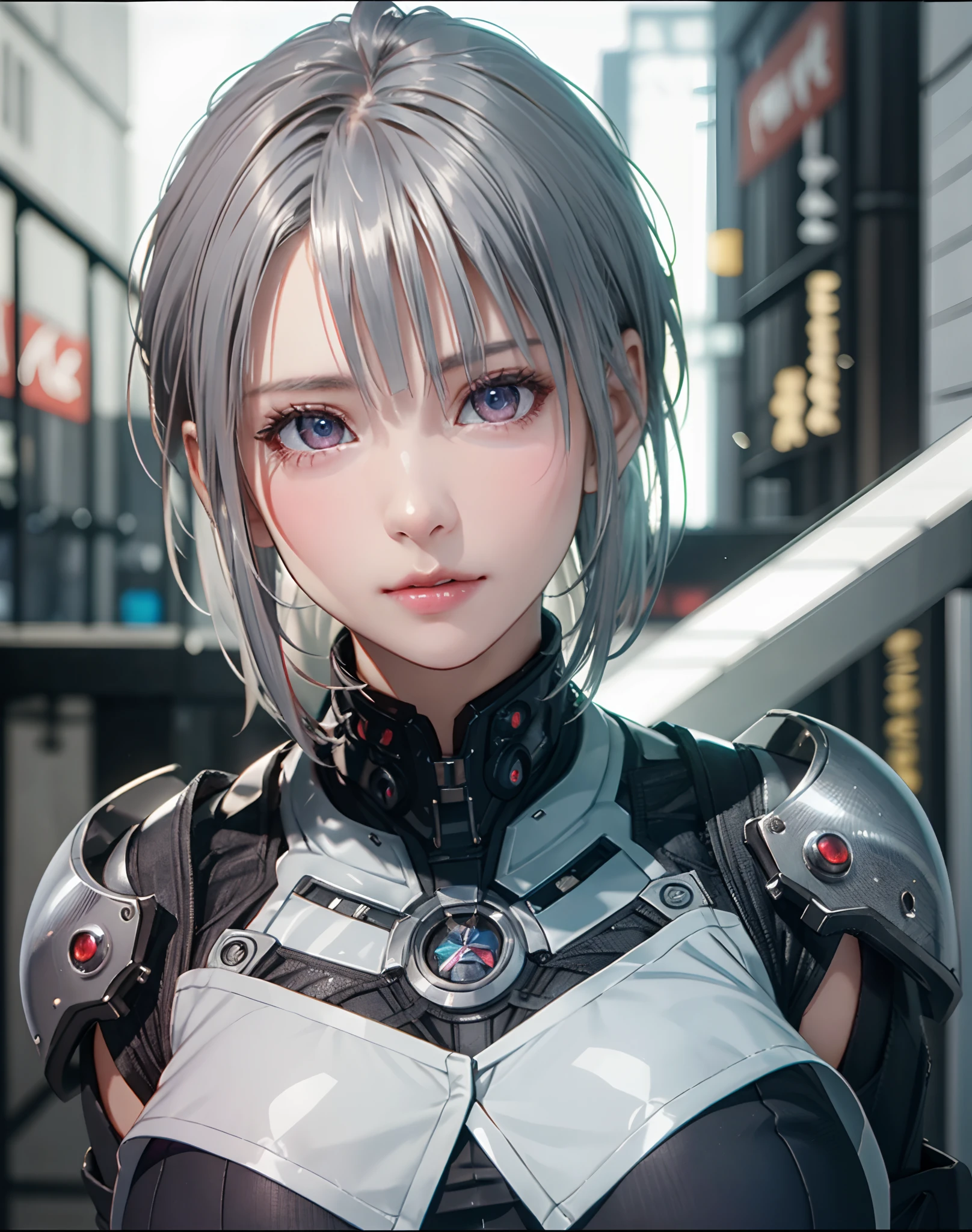 (8K, Photorealistic, Raw photo, of the highest quality: 1.3), (1girl in), Super beautiful, (Realistic face), (boyish, Silver Color Berry Shorthair), Beautiful cyberpunk suit, Glare that captivates the viewer, Beautiful expression, Beautiful breasts, (Realistic skin), Beautiful...
