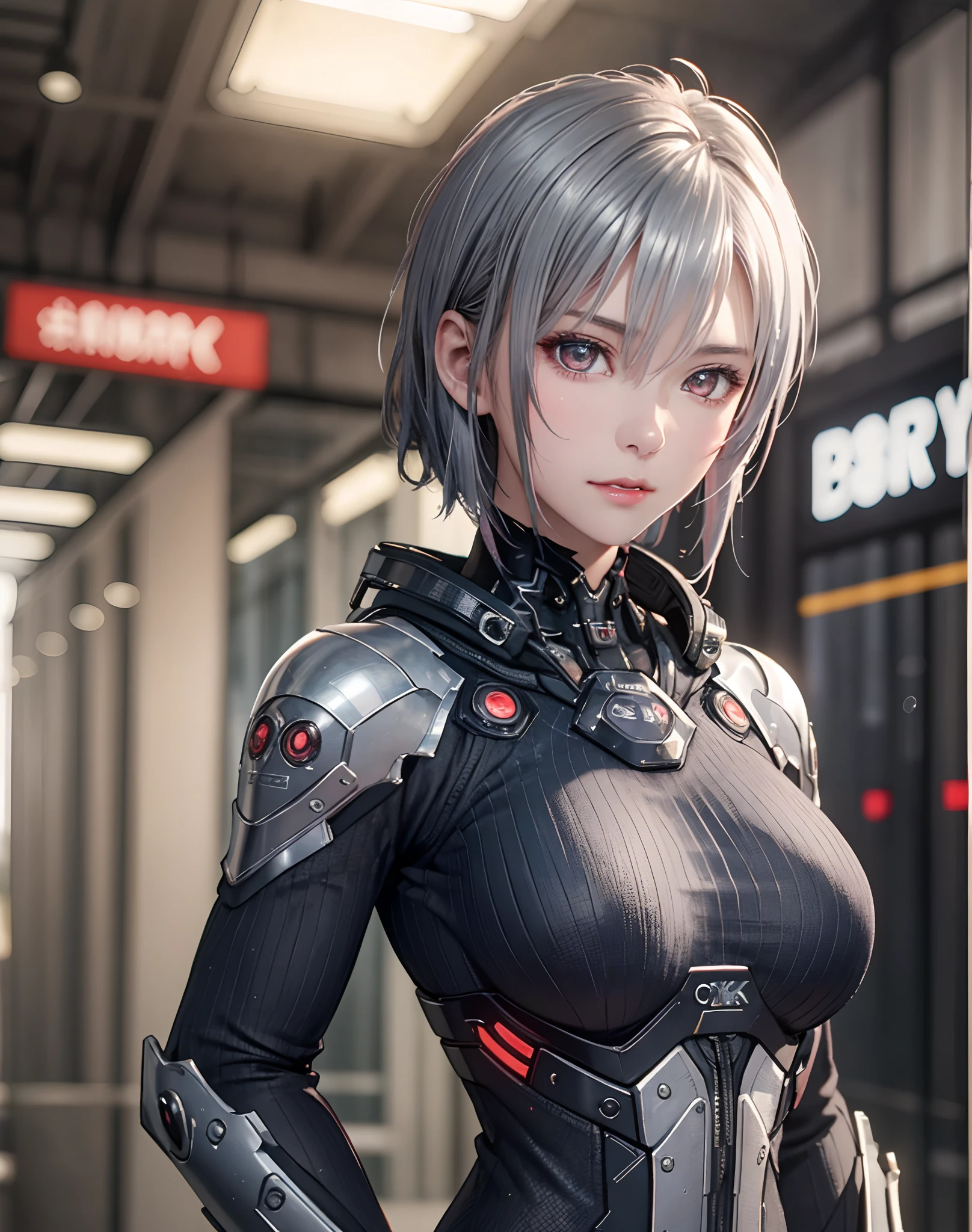 (8K, Photorealistic, Raw photo, of the highest quality: 1.3), (1girl in), Super beautiful, (Realistic face), (boyish, Silver Color Berry Shorthair), Beautiful cyberpunk suit, Glare that captivates the viewer, Beautiful expression, Beautiful breasts, (Realistic skin), Beautiful...