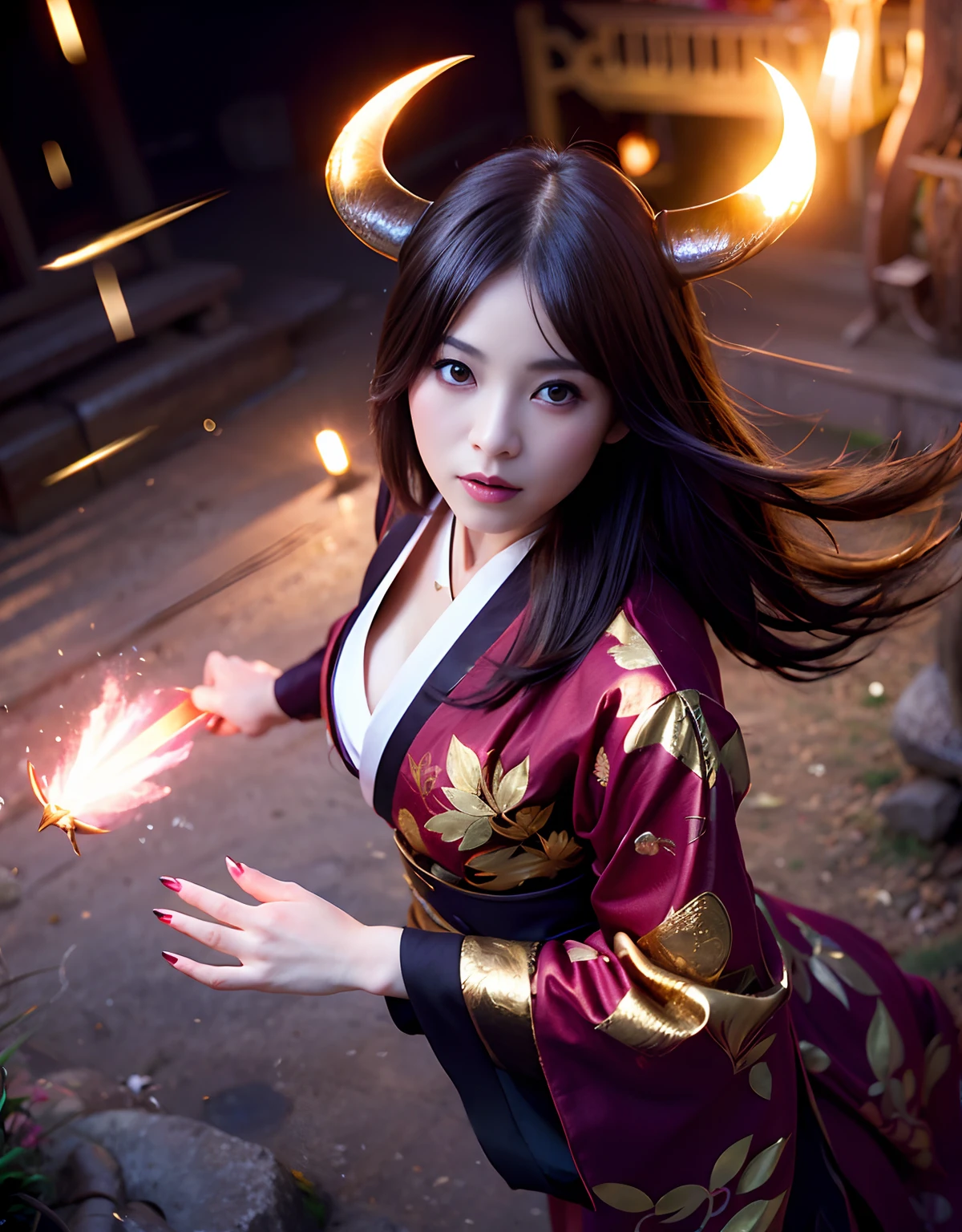 ((White ghost flies)),Professional , ​masterpiece、top-quality、photos realistic , depth of fields 、（Various poses）、(Background of cherry blossoms in full bloom),（Ultimate Beauty）、（A dark-haired）、（Fight ninjas)、Mystical expression、（Kimono with scary pattern）、（Night background）、（（Devil's Wings Grow））,(Wear a kimono with a horror pattern),Armpit、（Wearing a beautiful kimono with colorful scary patterns）、Jewel Gold Weapon、Particles of light),（Has a devil's mask）、Gorgeous gold weapons ,Skeleton population、（（ Gorgeous Dragon Sword）） , （a dark night）,,（White ghost flies） 、（（Black Haired Beautiful Girl））、（Castle background）、（demonic wings）、（（Gangle's forest background））、Beautiful Caucasian beauty、１a person、dynamic ungle,(((Two devil's horns on the head)))、Smaller head、Idle Smile、Thin and beautiful female hands、Mystical expression、Light Effects、intense fighting、Wind-effect、magic circles、With the legendary magic wand、Dragon's tail、