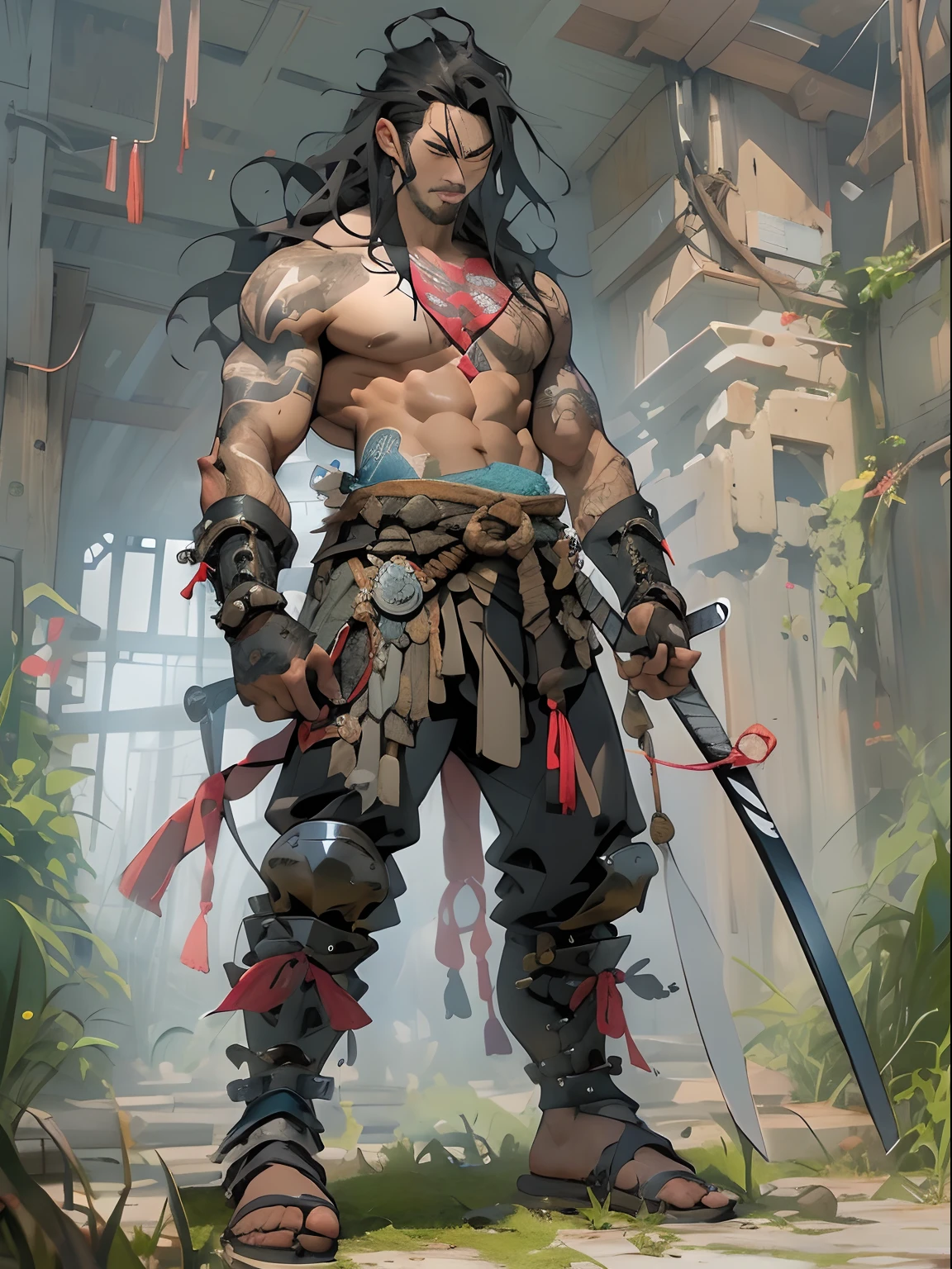 (((mtu))), (((best qualityer))), (((tmasterpiece))), (((AS-Adult))), ((( Japanese ))), Look up from your knees, Handsome Asian samurai，perfect body figure, Modern samurai, ((( Asian))), Wear gloves on your hands，The left arm is made of steel and metal tips，Made of protective devices, The eyes are pulled, (( Appears below the chest )), (( Small dental floss )), Simon Bisley, Almost naked（Simon Bisley）Castle City Wilderness，For high-resolution posters, hair straight, Minimum clothing, armure (Crazy clothes ), Full of tips and rivets, tribal tattoos, (((full bodyesbian))), Straight brunette hair，Colored hair ends