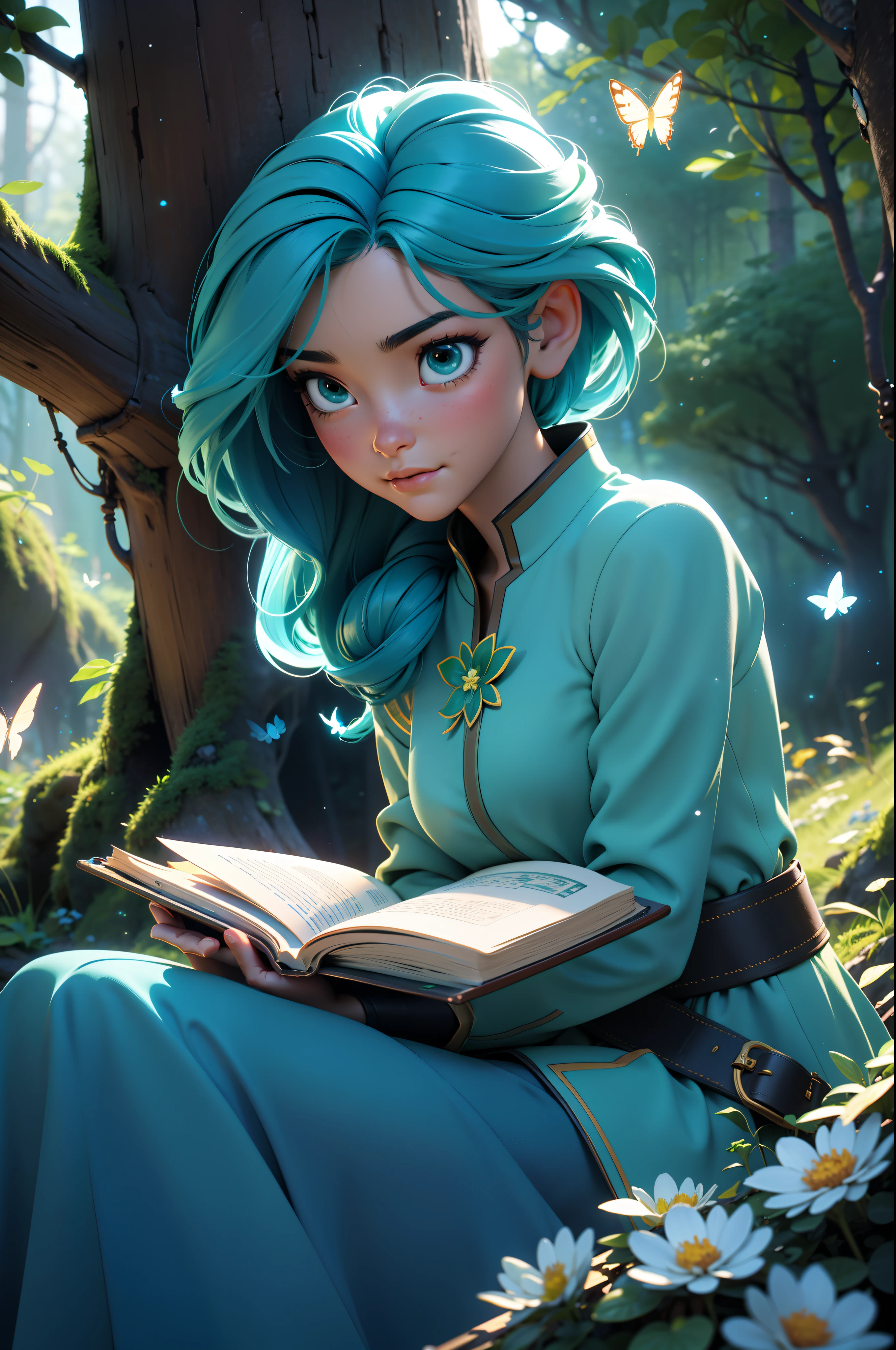 masterpiece, character close,  1beautiful girl, with long hair and adventurer guild clothes, she is in a beautiful ([forest setting]) sitting on a rock, {([she is in interaction with the elements of the setting/+sitting on a stone])|+([composition of 3D space]):1.2}!  {The setting is: (fareground/ bright leaves+(blur), beautiful colorful flowers, fireflies)!  (midground/bright bushes, grasses, a rock, flowers, glowing trees, flying butterflies)!  (deep/dark green_forest)}!  Night, +shiny particles.  ([camera with dynamic angles/+naturalness of field]:1.2), perfect anatomy:1.2, perfect_hands_v2:1.3, maximum details, ultra quality, maximum resolution, 16k, anime style, ([work with 3D perspective]):1.3, (creative/+dynamic/+naturalness):1.2 , [camera with dynamic capture angles/+genius artwork]:1.2!  [ethereal atmosphere]:1.1 [fantasy, short story] [book story style] [soft lighting] [whimsical feel]:0:8 [+cinematic footage]:1.2 [+artstation] [+luminescent blue blue green yellow] [ +soft lighting] [soft glow] [+particles] [creative and dynamic angles]:1.3, [+mineral hue] [+octane rendering] [+professional post-production] [+octane rendering] [+tones and lighting and contrast/+ghibli style/+studio style]