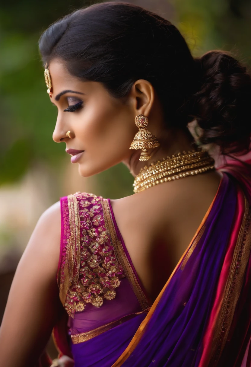 Poonam Pandey, wearing purple saree, capative looking, namaste position