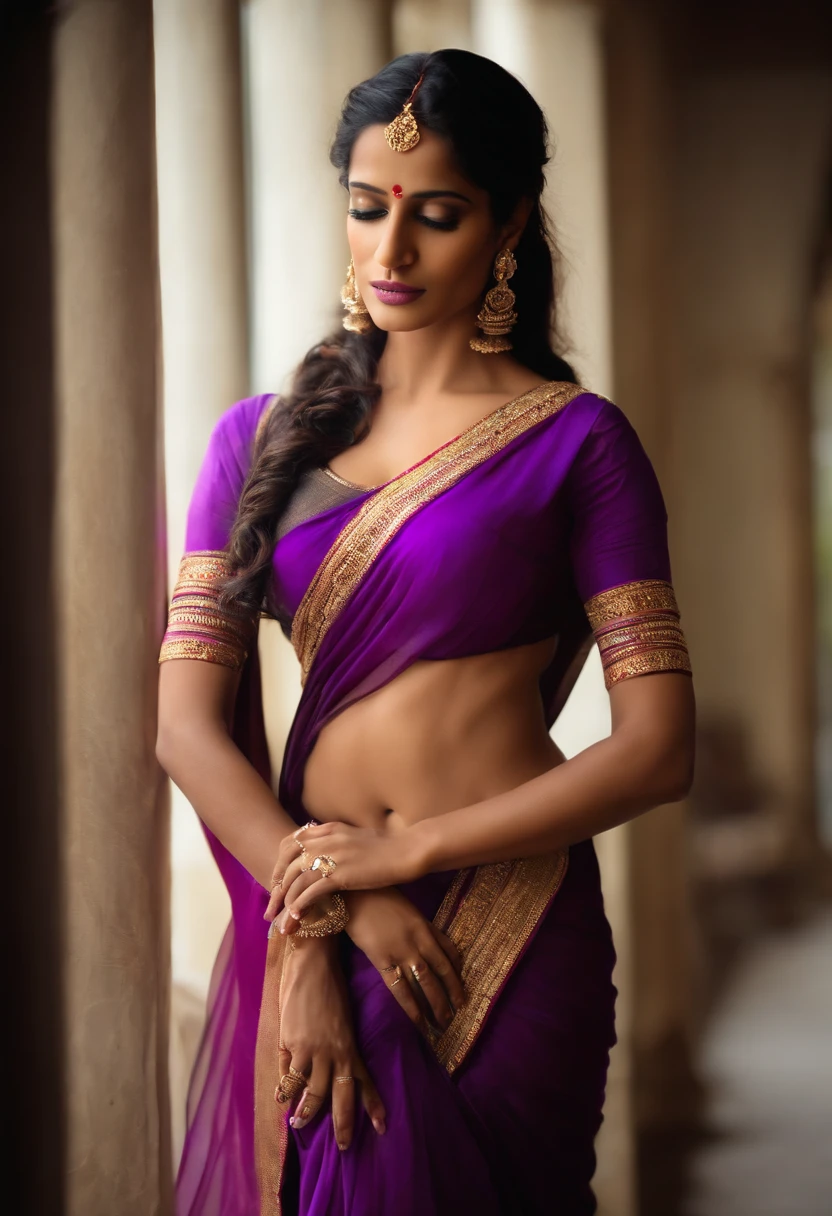 Poonam Pandey, wearing purple saree, capative looking, namaste position