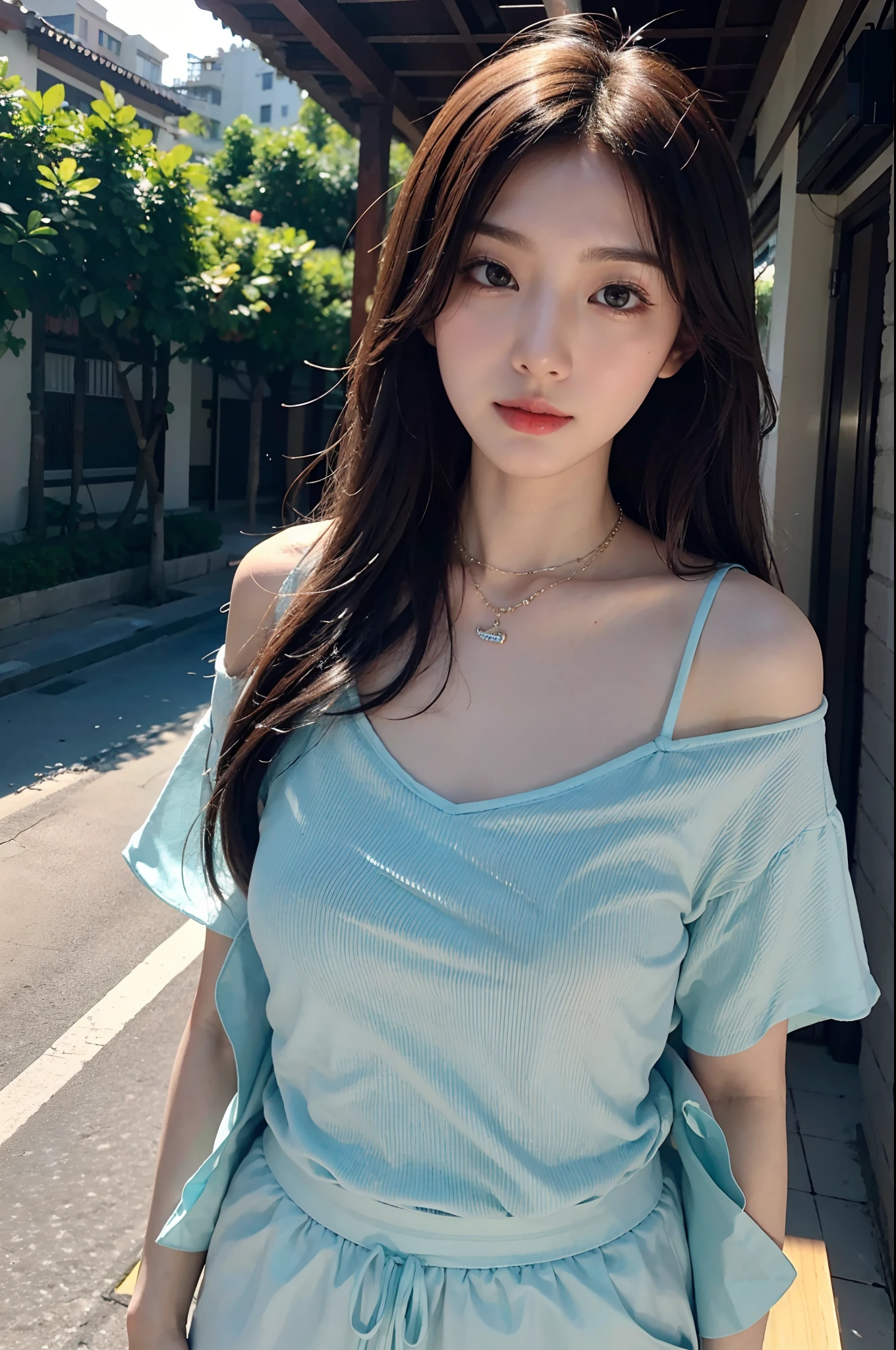 Best quality at best,Original,tmasterpiece,超高分辨率,Sweet girl,Draped with hair,Necklace necklace,camisole,medium boob,beachside,城市,healed