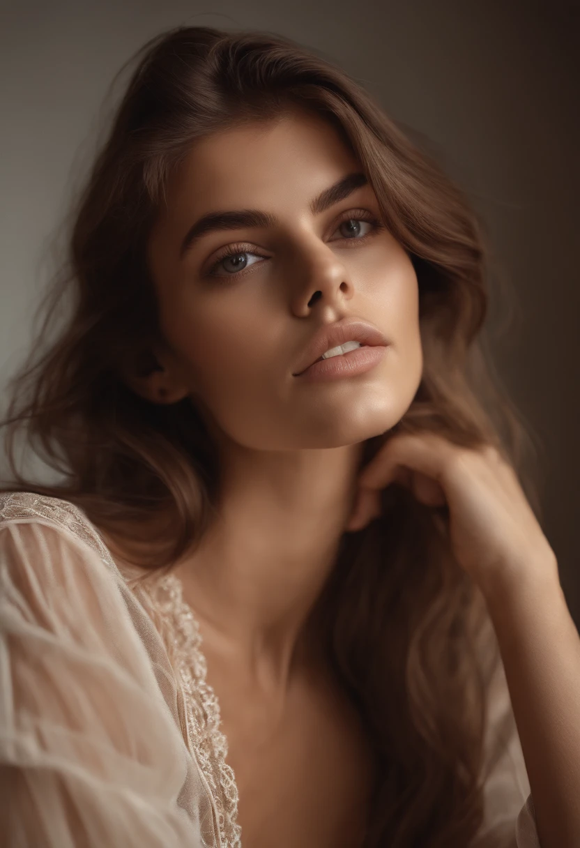 Arafed woman in sheer lingerie and thong, Sexy girl with brown eyes, Portrait of Kaia Gerber , brown hair and large eyes, selfie of a young woman, Eyes Bedroom , no makeup, natural makeup, looking straight at camera, face with artgram, fine makeup, Stunning full-length shot, in bedroom, splitting long hair