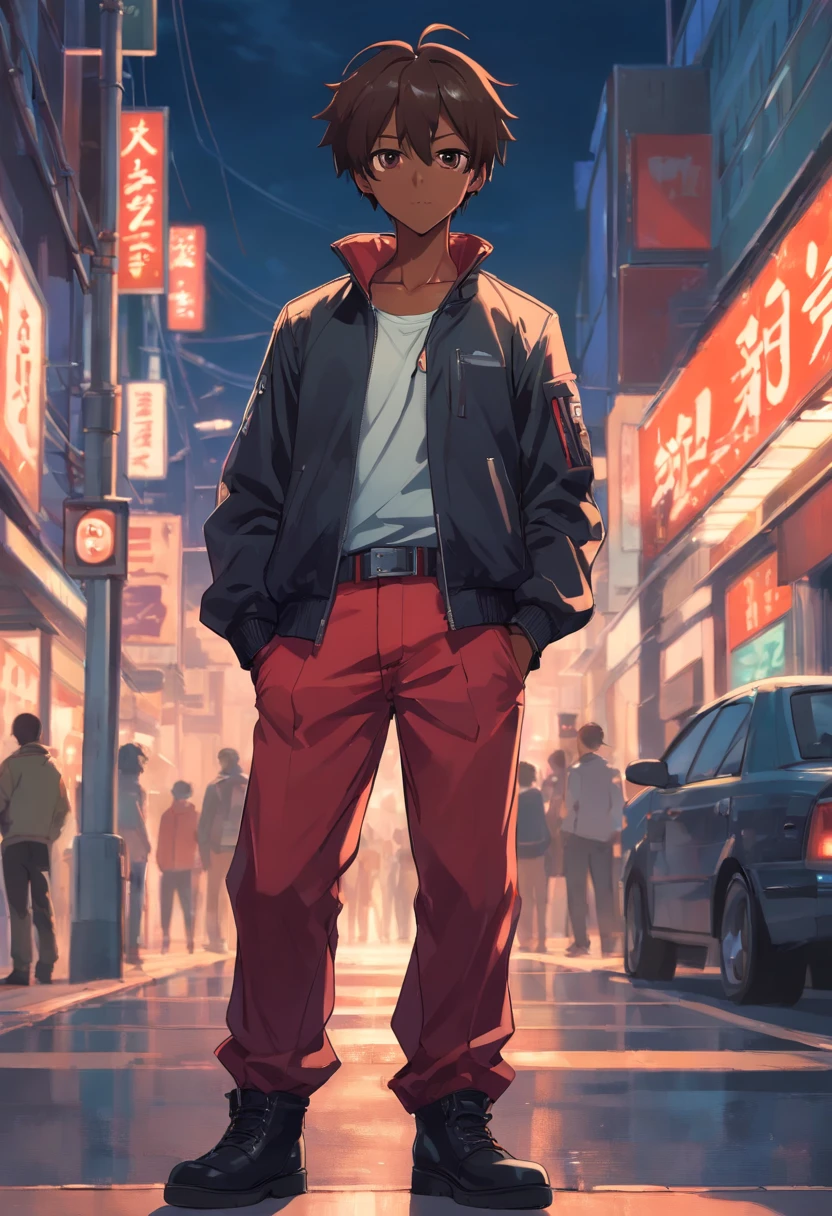 An dark skinned gangster with an cool buzzcut and half shaved hair, his outfit consists of an black short sleeved jacket that goes down to just above his waist, giving him somewhat of a midriff. The jacket is zipped up halfway, revealing some of his chest. Carmine's legwear consists of a pair of baggy, blood red pants, which are held up by a black and silver belt. He also has black leather boots on