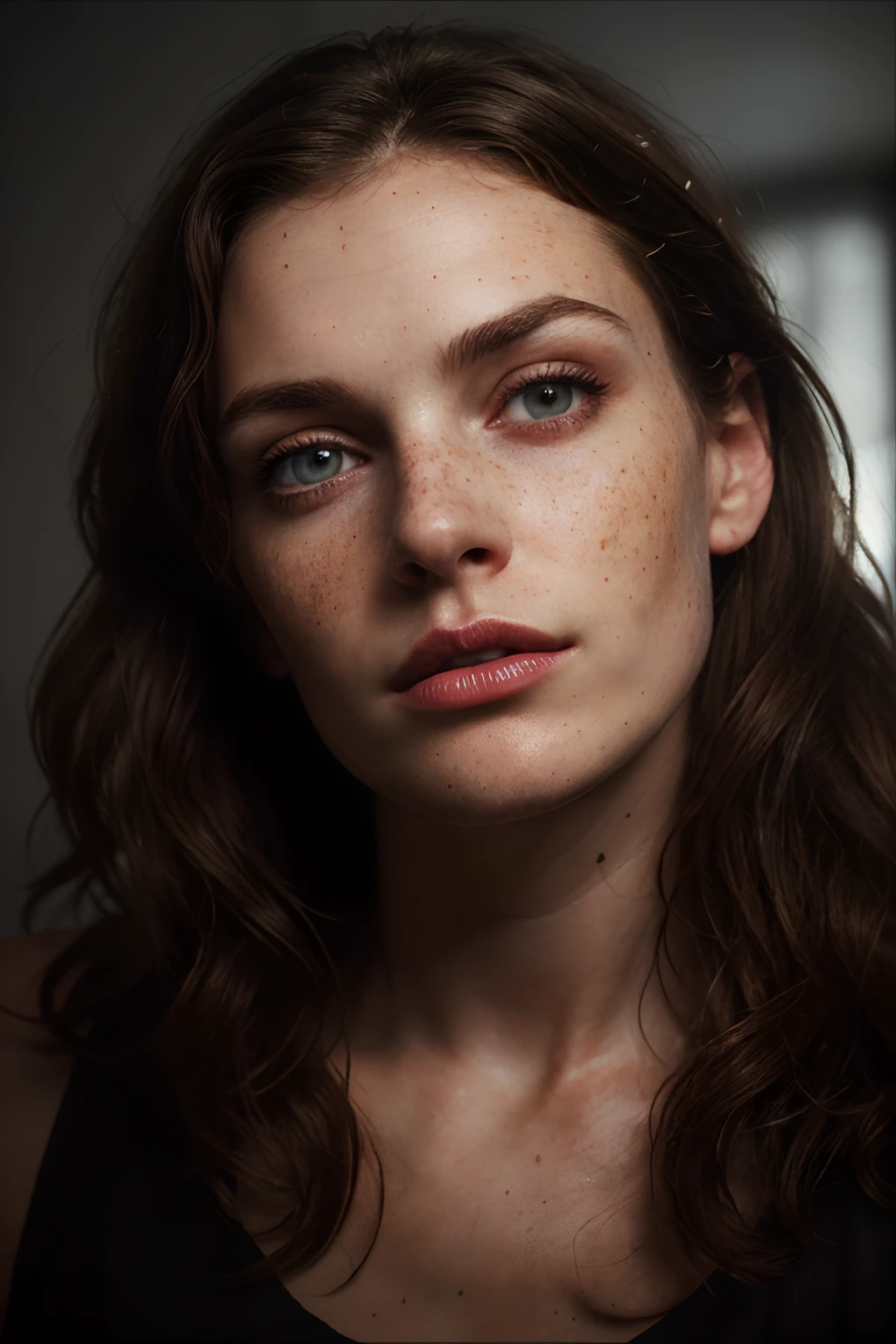 (best quality, hyperdetailed photography:1.2), beautiful lady, freckles, dark makeup, soft light, pink lips, blue eyes, snoopy breast,massive perfect breast,head and breast portrait, cover, (detailed beautiful face, detail skin texture, ultra-detailed body:1.1) sexy vampire girl,,, naked breast, realistic skin texture extreme details, 1 woman, 8k, photorealistic, (close-up, editorial photograph of a 1 woman), (highly detailed face:1.4) (smile:0.7) (background inside black, moody, private study:1.3) POV, by lee jeffries, nikon d850, film stock photograph ,4 kodak portra 400 ,camera f1.6 lens ,rich colors, hyper realistic ,lifelike texture, natural lighting , cinestill 800, natural makeup , too white skin, ultra realistic 8k cg, (dark background, delicate pattern, intricate detail, highly detailed, fine details), best quality, (photorealistic:1.4),beautiful lighting, absurdres, RAW photo, film grain, ((big breasts, slim girl, close-up, portrait))