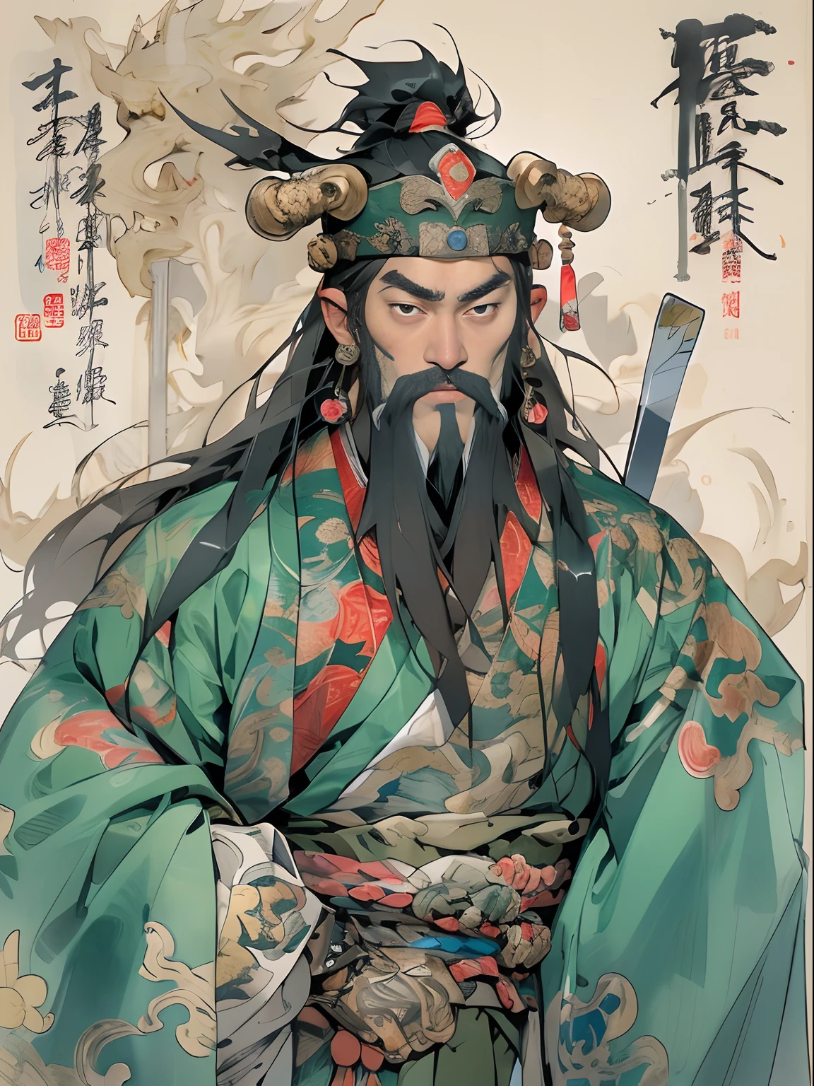 (((China-style,Ink painting method,Half-length portrait,Intense color,Han dynasty, China,Hanfu,Armor,Guan yu,Guan Yunchang,of a guy,Ruddy killing square face,Hold the Blue Dragon Moon Knife in his right hand,Stroke your beard with your left hand,Long hair,petty eyes,Green robe))), (((best qualityer))), (((tmasterpiece))), (((AS-Adult))), ((( Japanese ))), Look up from your knees, Handsome Asian samurai,perfect body figure, Modern samurai, ((( Asian))), Wear gloves on your hands,The left arm is made of steel and metal tips,Made of protective devices, The eyes are pulled, (( Appears below the chest )), (( Small dental floss )), Simon Bisley, Almost naked(Simon Bisley)Castle City Wilderness,For high-resolution posters, hair straight, Minimum clothing, armure (Crazy clothes ), Full of tips and rivets, tribal tattoos, (((full bodyesbian))), Straight brunette hair,Colored hair ends