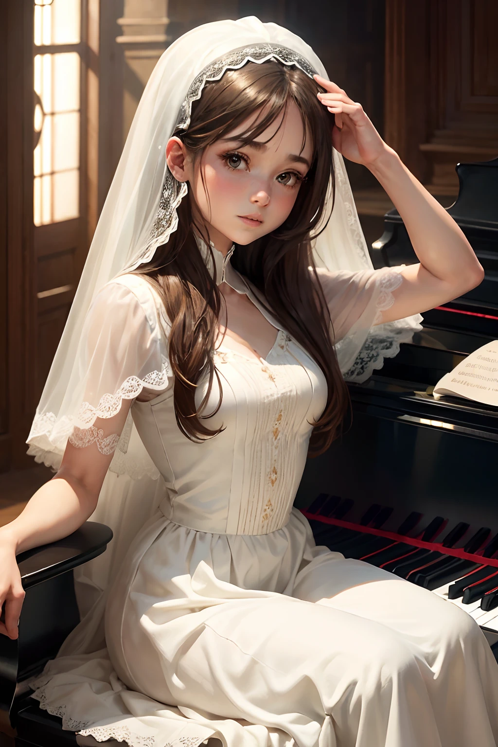 artistic work: A cinematic scene with a young woman of 25 years, cabelo preto e olhos verdes. She is dressed in an elegant wedding dress and wears a wreath of white flowers. A imagem retrata a mulher deitada no piano, in a relaxed position of ventral decubitus. Ela olha para o espectador com um leve sorriso enquanto este toca o piano. Image background is blurry, adding an ethereal atmosphere