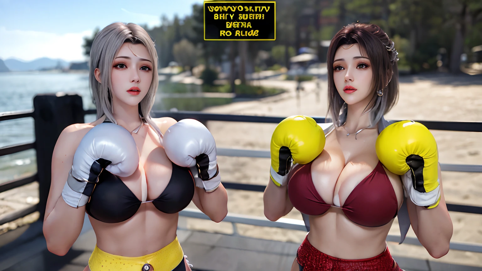 ((Unreal Engine 5)), Realistic Rendering, Excellent, (sexy skimpy bikini:1.3), looking on camera, (standing:1.8), beautiful face, makeup, CGImix, (photorealism:1.2), ultrarealistic uhd face, (huge soft boobs:1.5), (muscle abs:1.3), (big butt:1.3), (wide hips), (thick thighs), slim waist, hourglass figure, half body, ((glowing skin)), ((shiny skin)), Realistic body, ((she is sexy body)), ((clean skin)), photorealistic, bokeh, motion blur, masterpiece, highres, 1080P, super detail, textured skin. Boxing